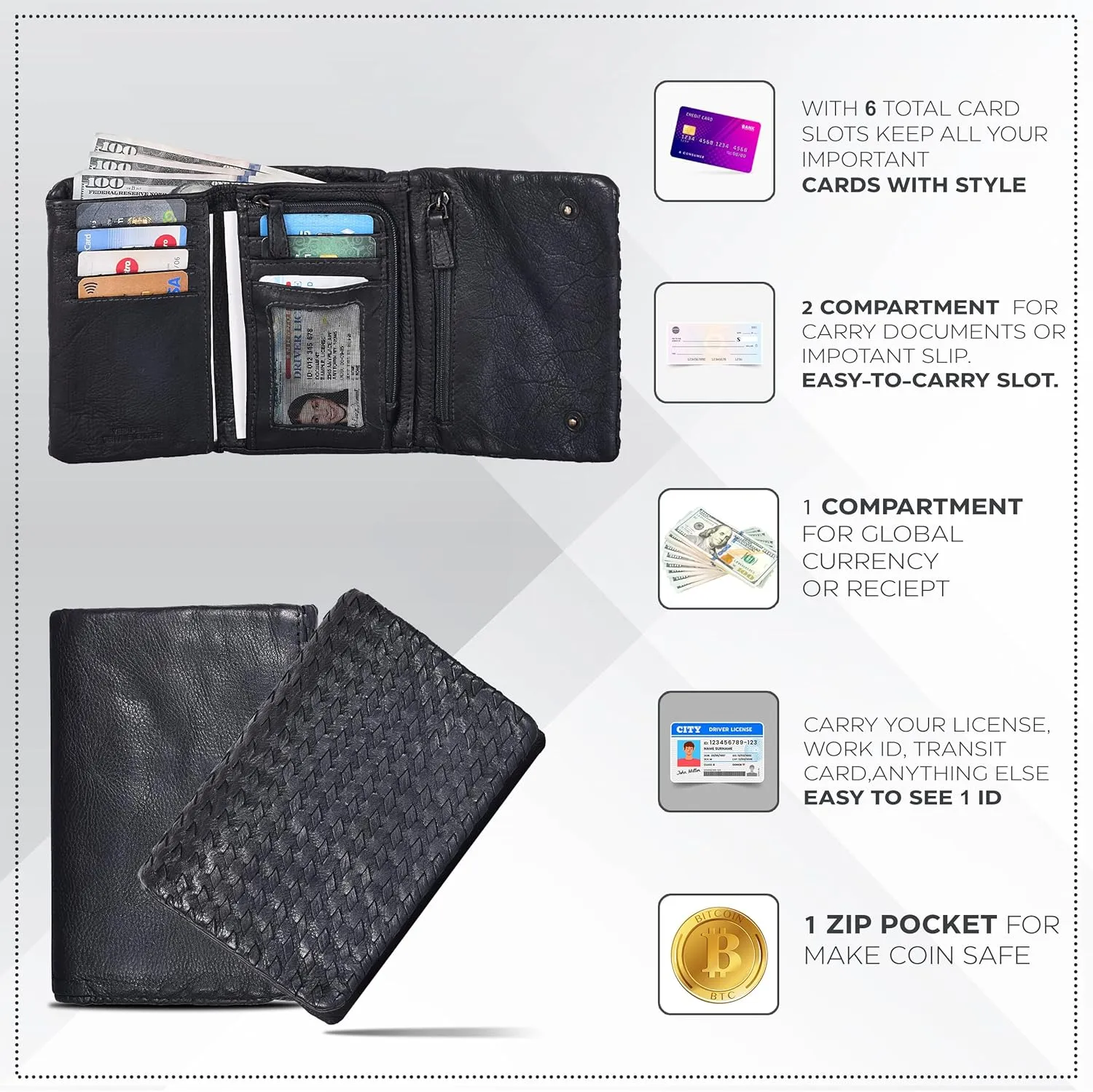Real Leather Women Wallet Leather with RFID Blocking -Trifold Card Holder Designer Ladies Clutch with ID Window Wallets