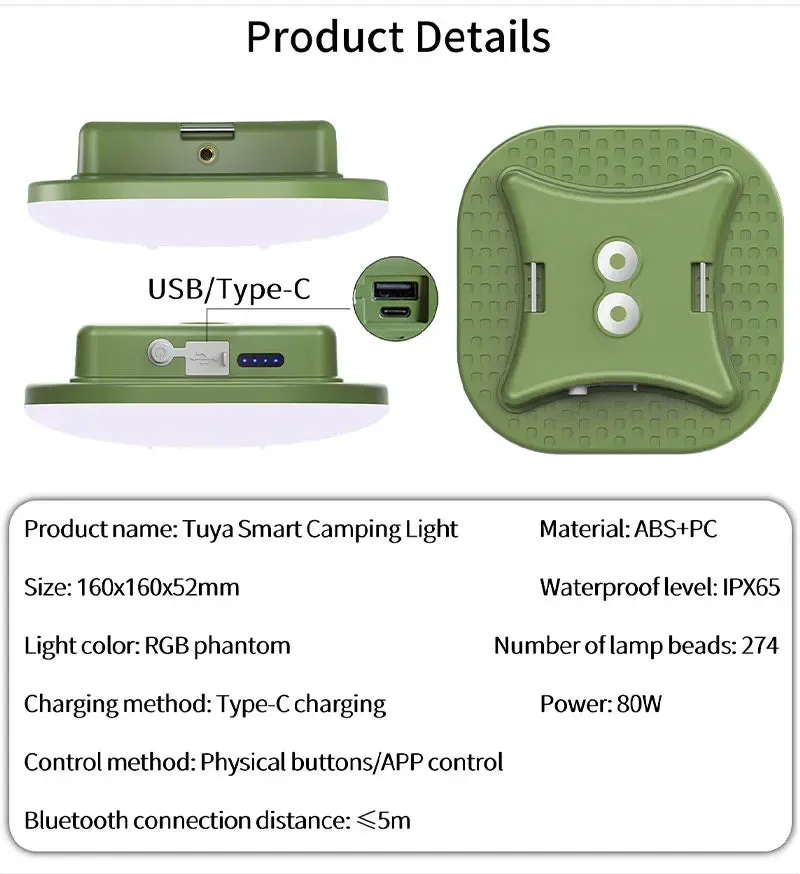 Rechargeable Camping Lantern 80W 13500mAh Smart RGB LED Tent Light Bluetooth Controlled Music Sync Outdoor Lighting by Tuya App