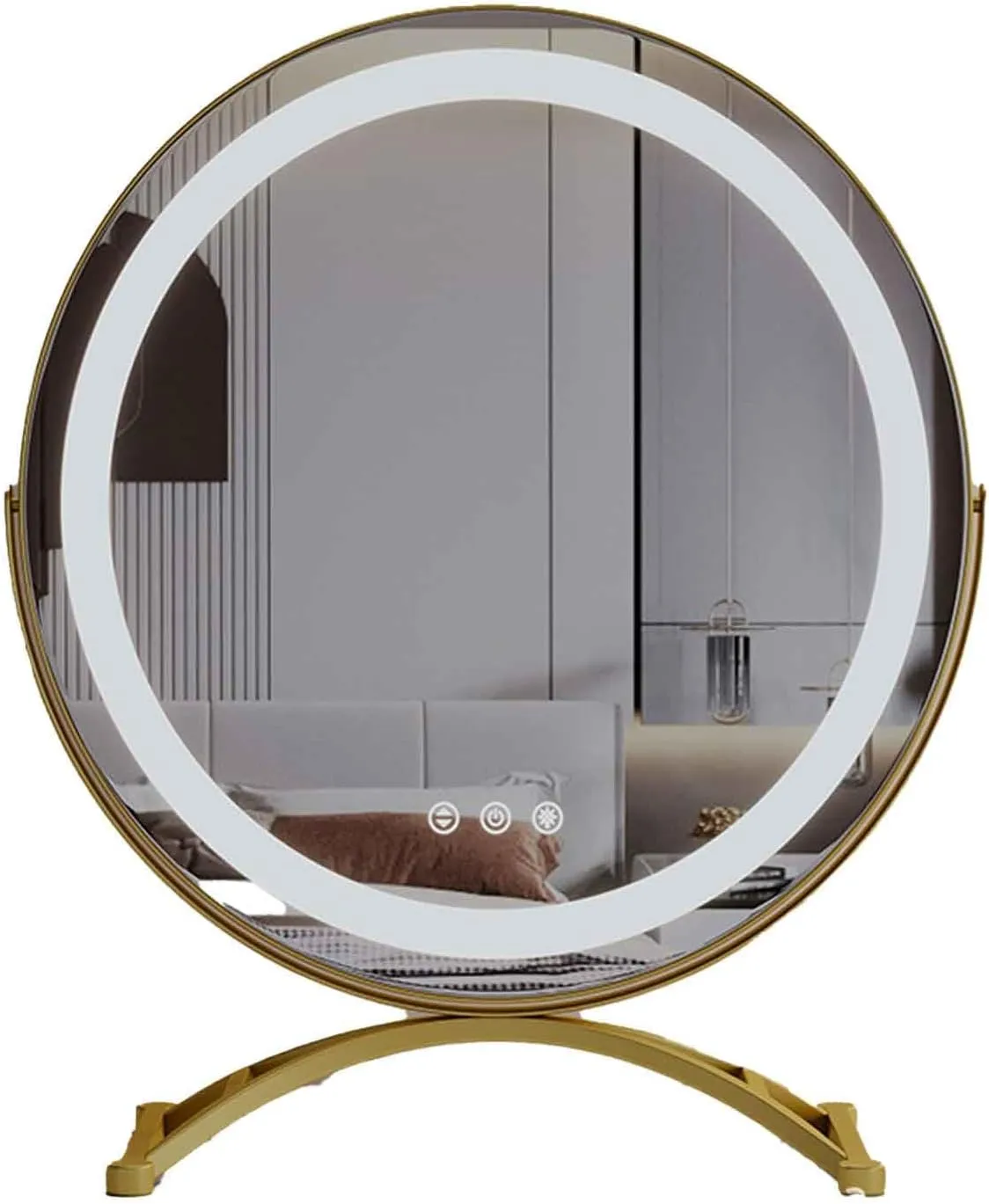 Rechargeable Makeup Mirror Round, Lighted Makeup Beauty Mirror, 3 Color Lighting, Dimmable Touch Screen, Tabletop LED Cosmetic Vanity MirrorGold,40cm