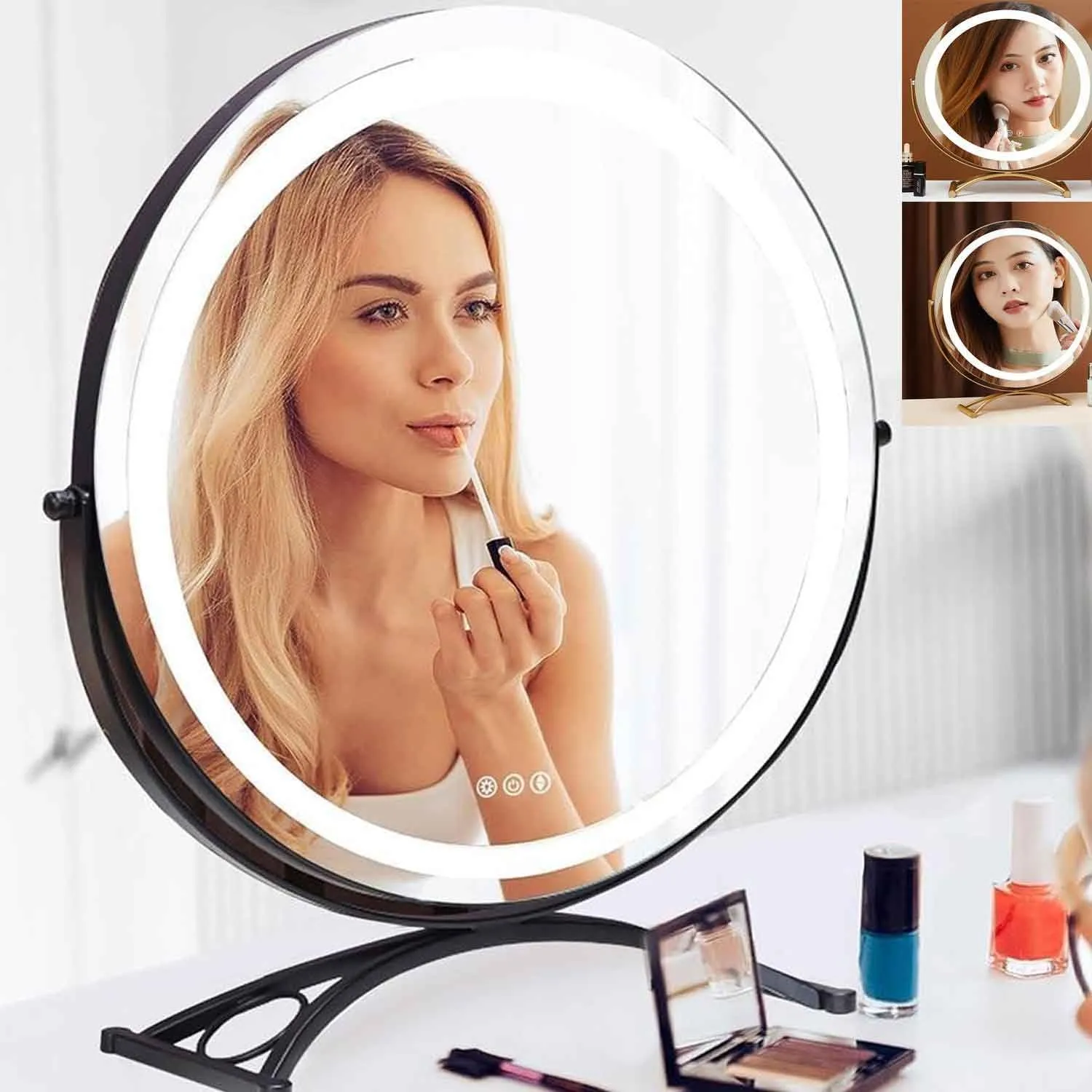 Rechargeable Makeup Mirror Round, Lighted Makeup Beauty Mirror, 3 Color Lighting, Dimmable Touch Screen, Tabletop LED Cosmetic Vanity MirrorGold,40cm