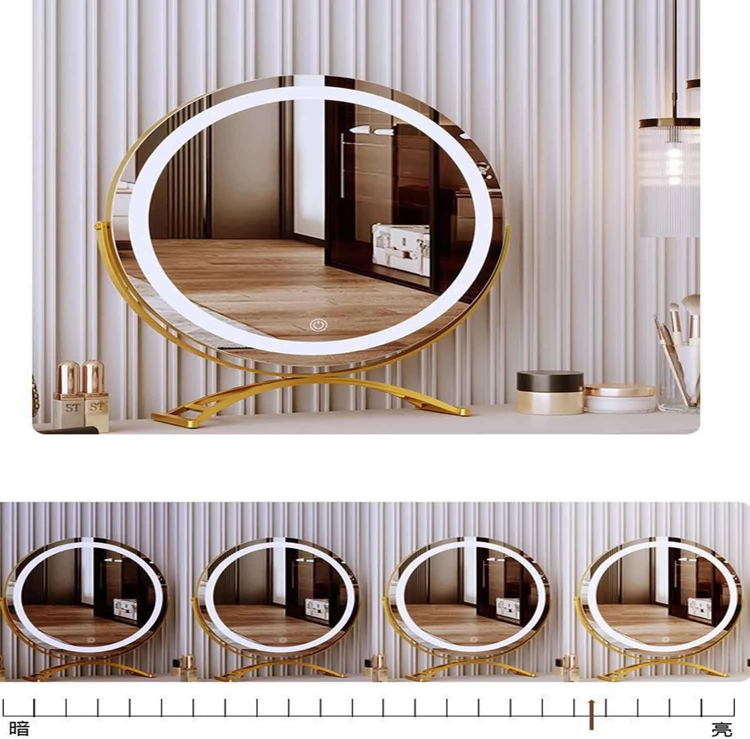 Rechargeable Makeup Mirror Round, Lighted Makeup Beauty Mirror, 3 Color Lighting, Dimmable Touch Screen, Tabletop LED Cosmetic Vanity MirrorGold,40cm