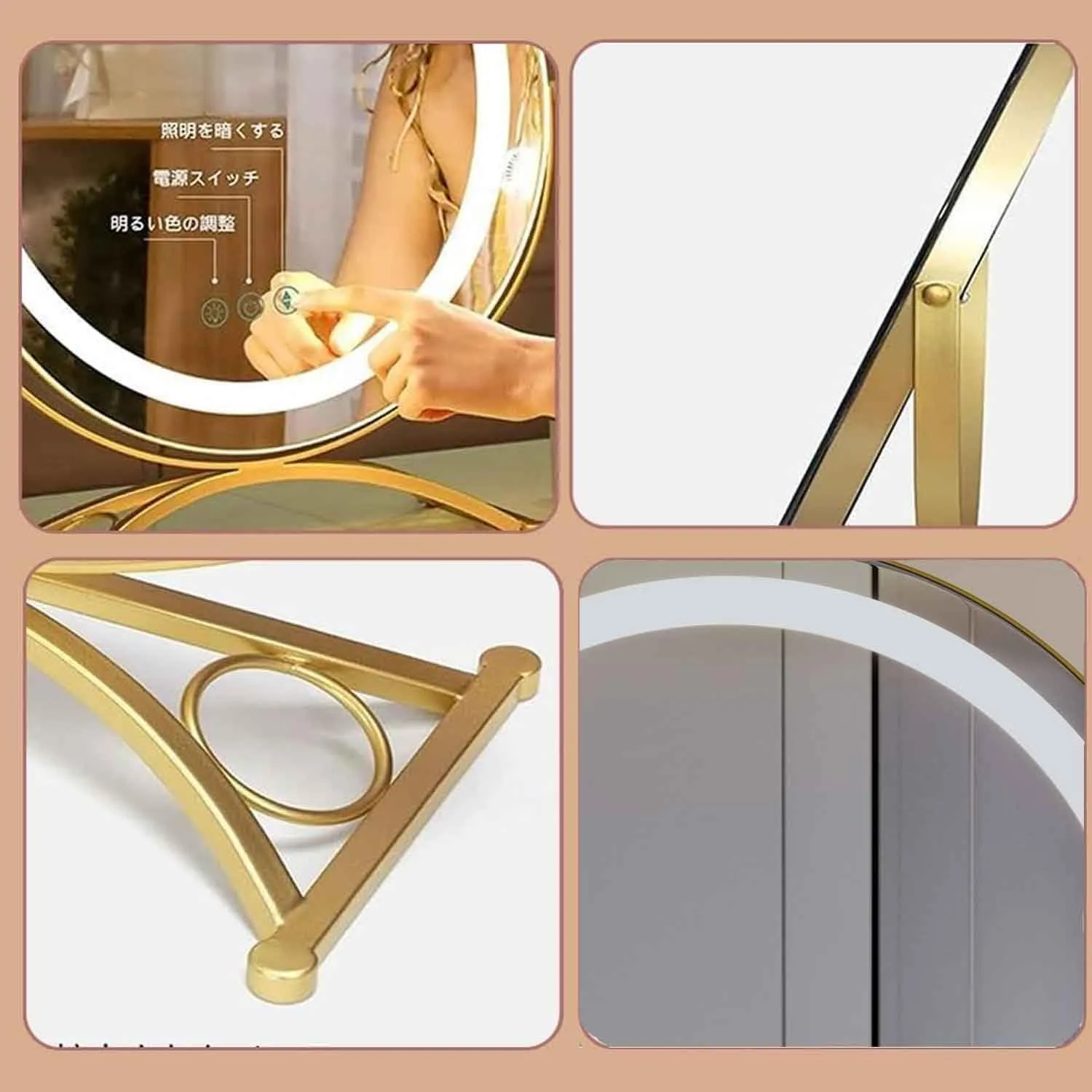 Rechargeable Makeup Mirror Round, Lighted Makeup Beauty Mirror, 3 Color Lighting, Dimmable Touch Screen, Tabletop LED Cosmetic Vanity MirrorGold,40cm