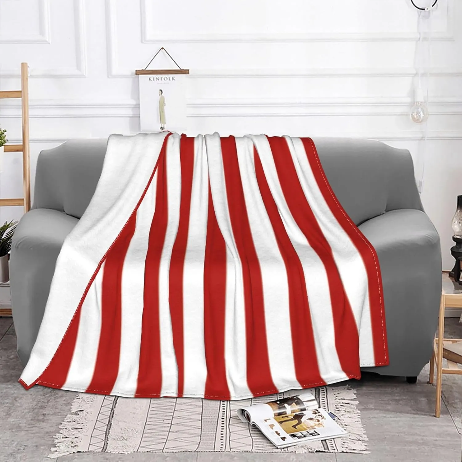 Red and White Stripes 60"X50" Flannel Blanket - 100% Soft Polyester, Lightweight and Warm, Suitable for Families, Camping, Travel