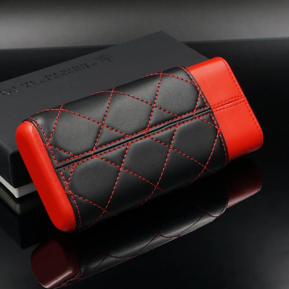Red Black Leather Adjustable Cedar Wood Cigar Case Holder Travel Kit
