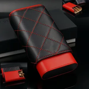 Red Black Leather Adjustable Cedar Wood Cigar Case Holder Travel Kit