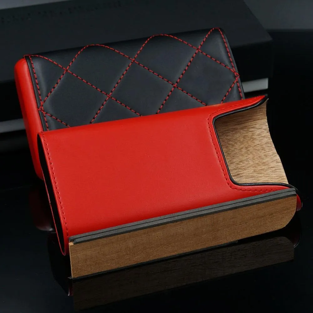 Red Black Leather Adjustable Cedar Wood Cigar Case Holder Travel Kit