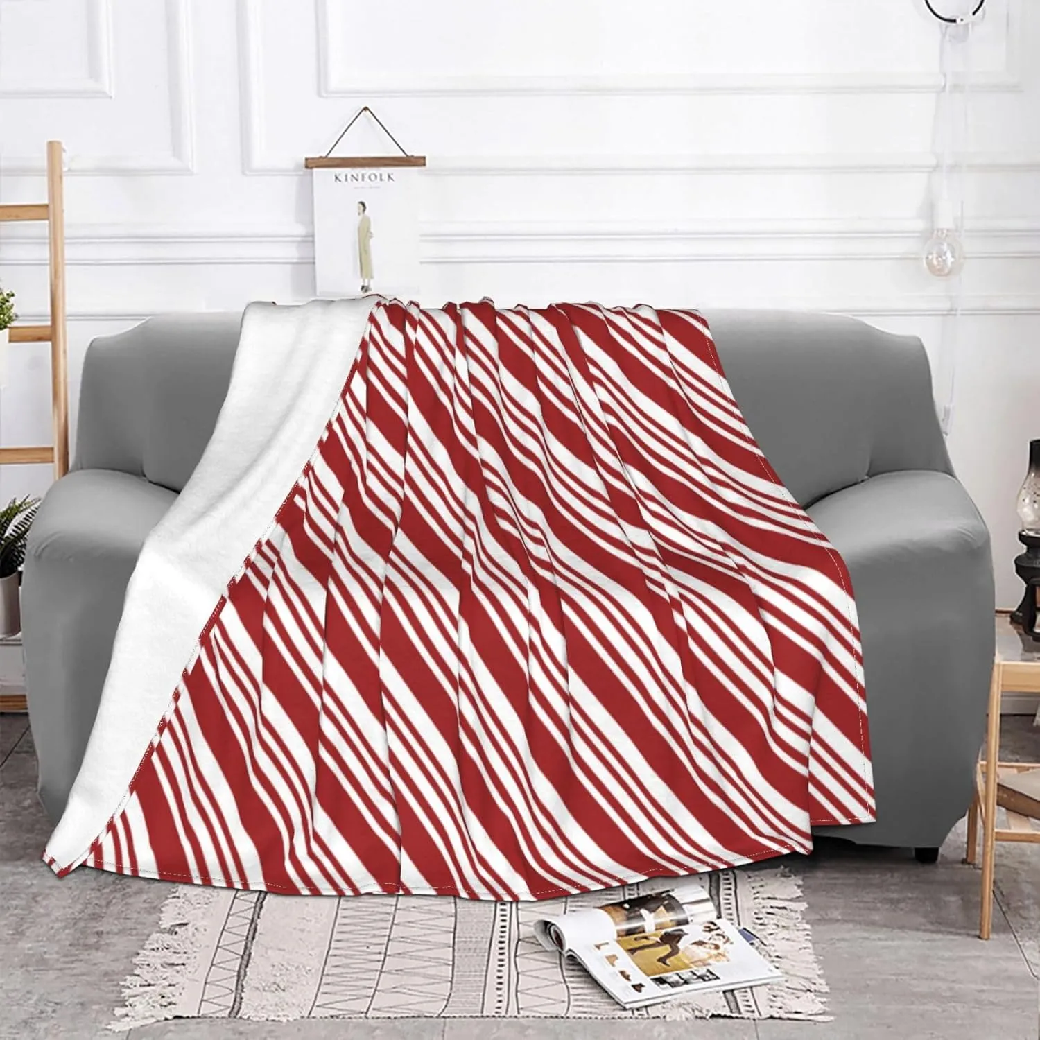 Red Peppermint Stripe 60"X50" Flannel Blanket - 100% Soft Polyester, Lightweight and Warm, Suitable for Families, Camping, Travel