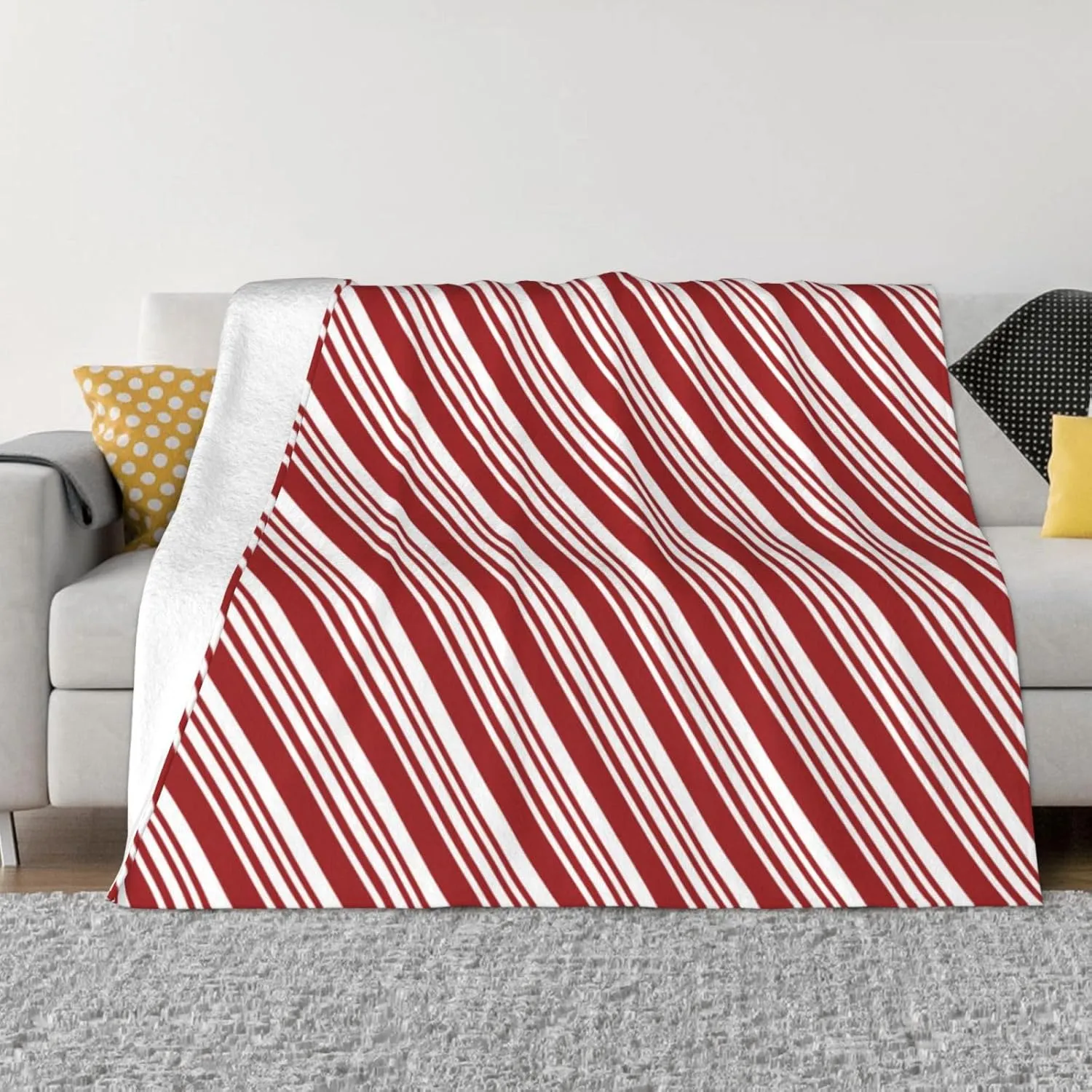 Red Peppermint Stripe 60"X50" Flannel Blanket - 100% Soft Polyester, Lightweight and Warm, Suitable for Families, Camping, Travel