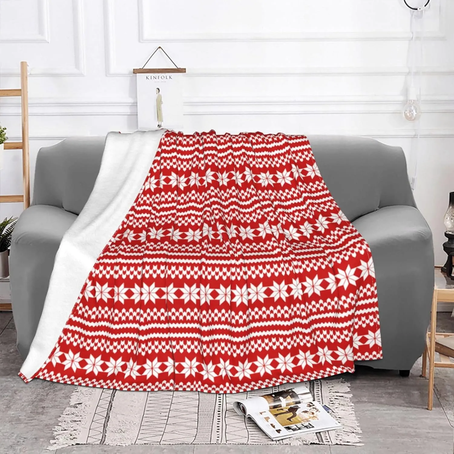 Red White Norwegian Christmas Sweater 60"X50" Flannel Blanket - 100% Soft Polyester, Lightweight and Warm, Suitable for Families, Camping, Travel