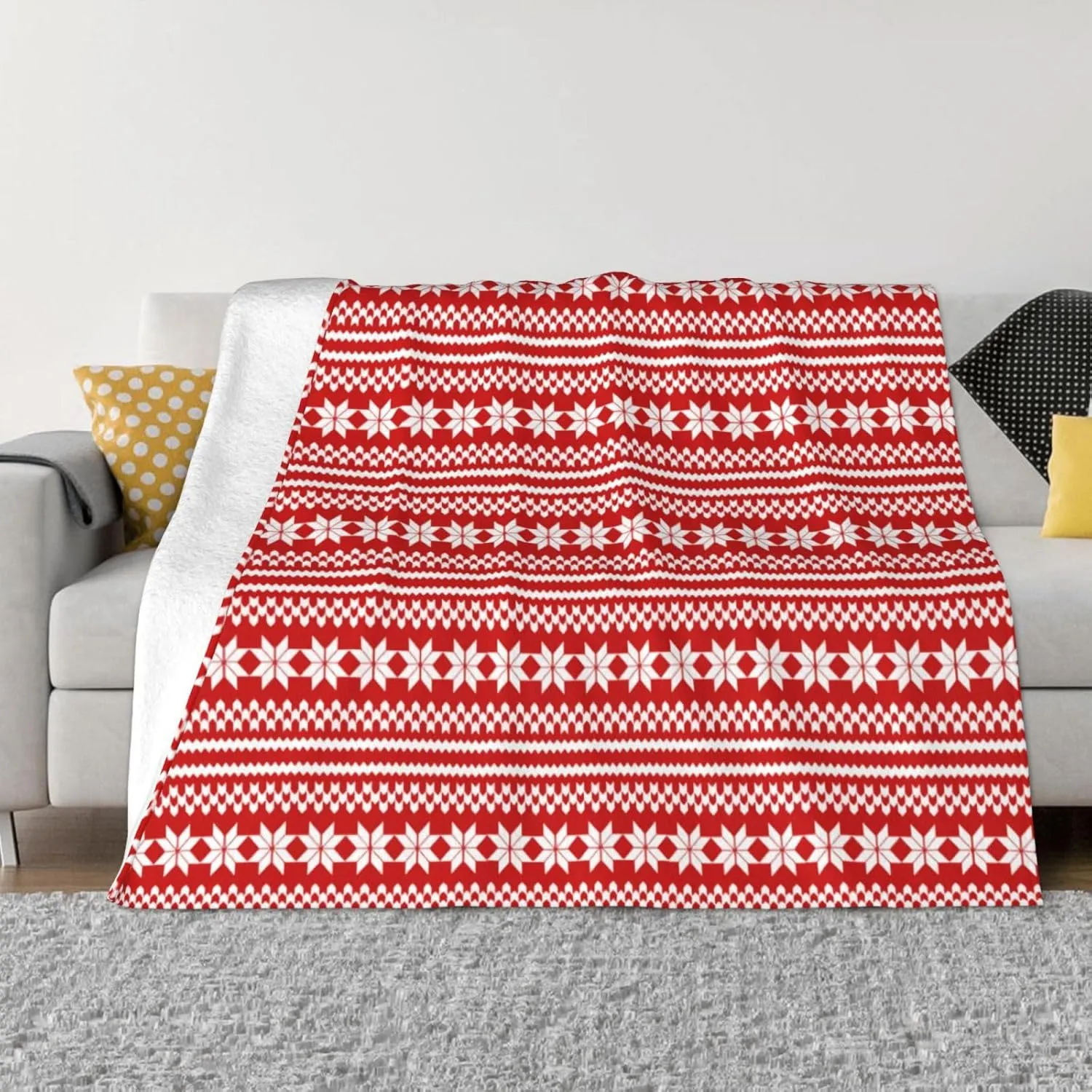 Red White Norwegian Christmas Sweater 60"X50" Flannel Blanket - 100% Soft Polyester, Lightweight and Warm, Suitable for Families, Camping, Travel