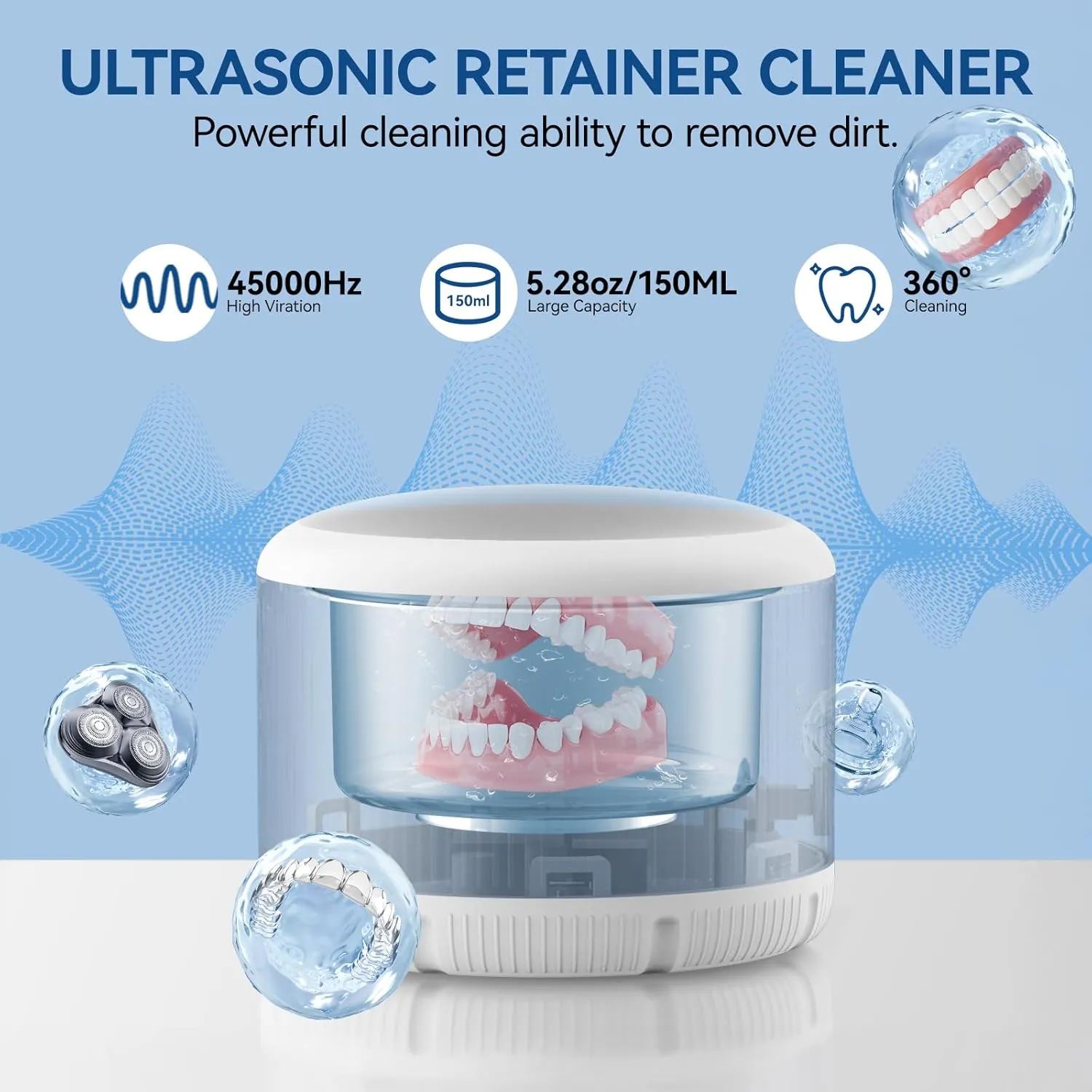Retainer Cleaner Machine - Ultrasonic Retainer Cleaner, Dental Cleaning Pod for Braces, Dentures, Pacifiers, Mouth Guards, Jewelry & Toothbrush Heads, 150ml Portable Cleaning Machine