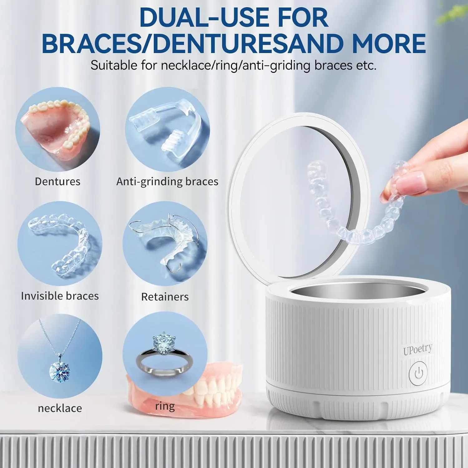 Retainer Cleaner Machine - Ultrasonic Retainer Cleaner, Dental Cleaning Pod for Braces, Dentures, Pacifiers, Mouth Guards, Jewelry & Toothbrush Heads, 150ml Portable Cleaning Machine