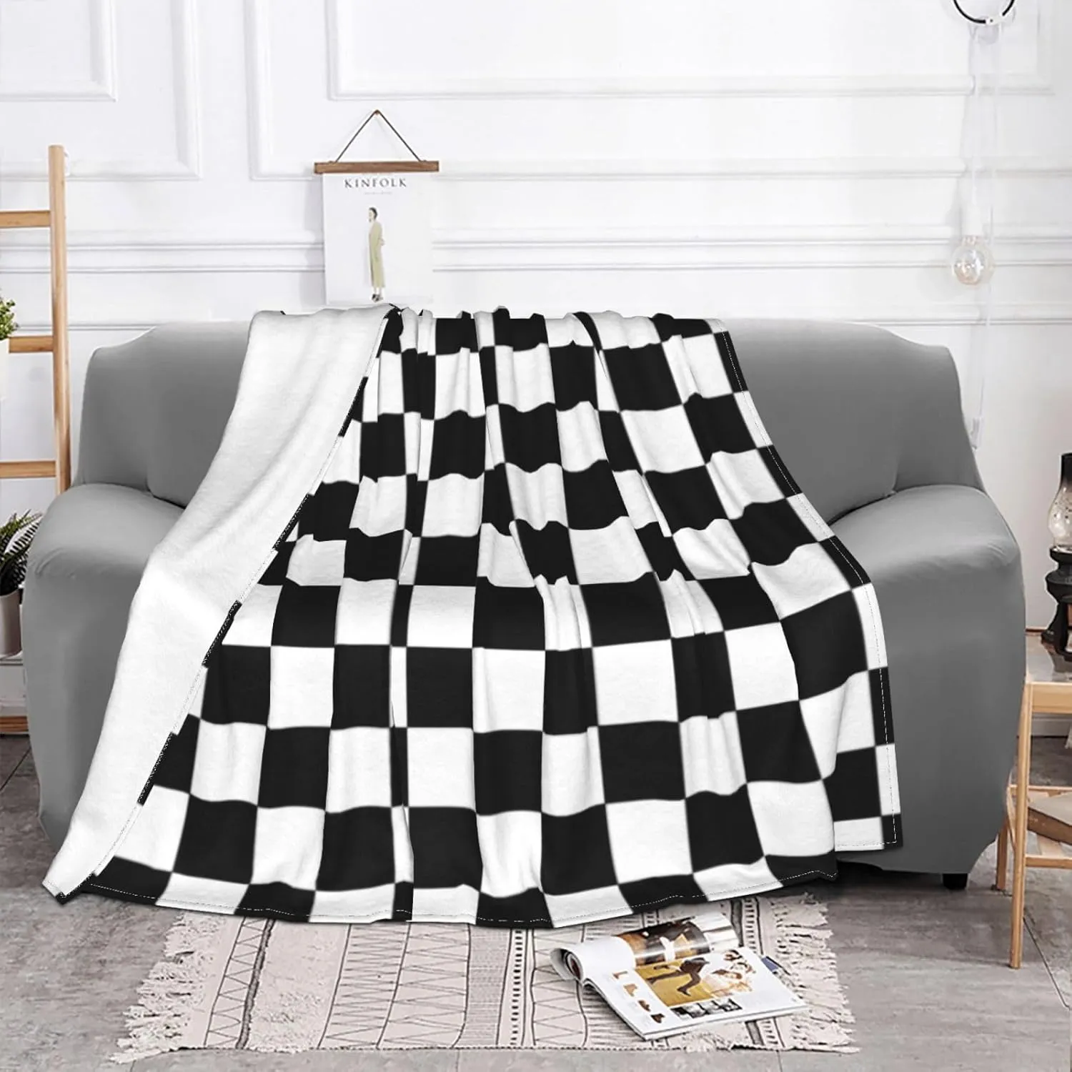 Retro Black and White Checkered Pattern 60"X50" Flannel Blanket - 100% Soft Polyester, Lightweight and Warm, Suitable for Families, Camping, Travel