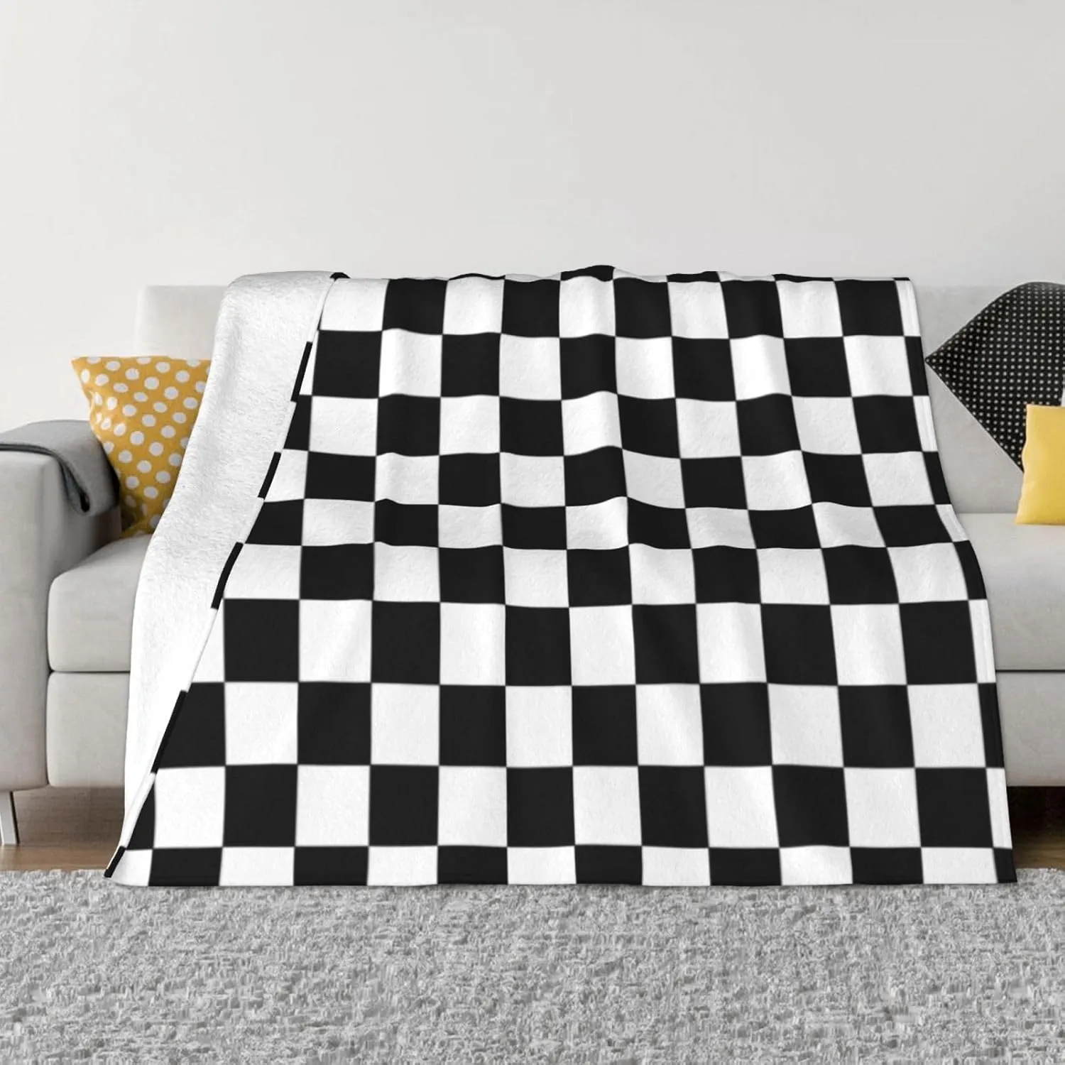 Retro Black and White Checkered Pattern 60"X50" Flannel Blanket - 100% Soft Polyester, Lightweight and Warm, Suitable for Families, Camping, Travel