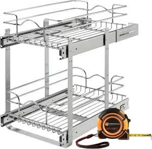 Rev-A-Shelf 2 Tier Pull Out Cabinet Organizer, 5WB2-1218CR-1, 12 x 18 Inch Under Sink pull out organizer, Steel Wire Pots and Pans Organizer for Kitchen Cabinet, Tape Measure Included