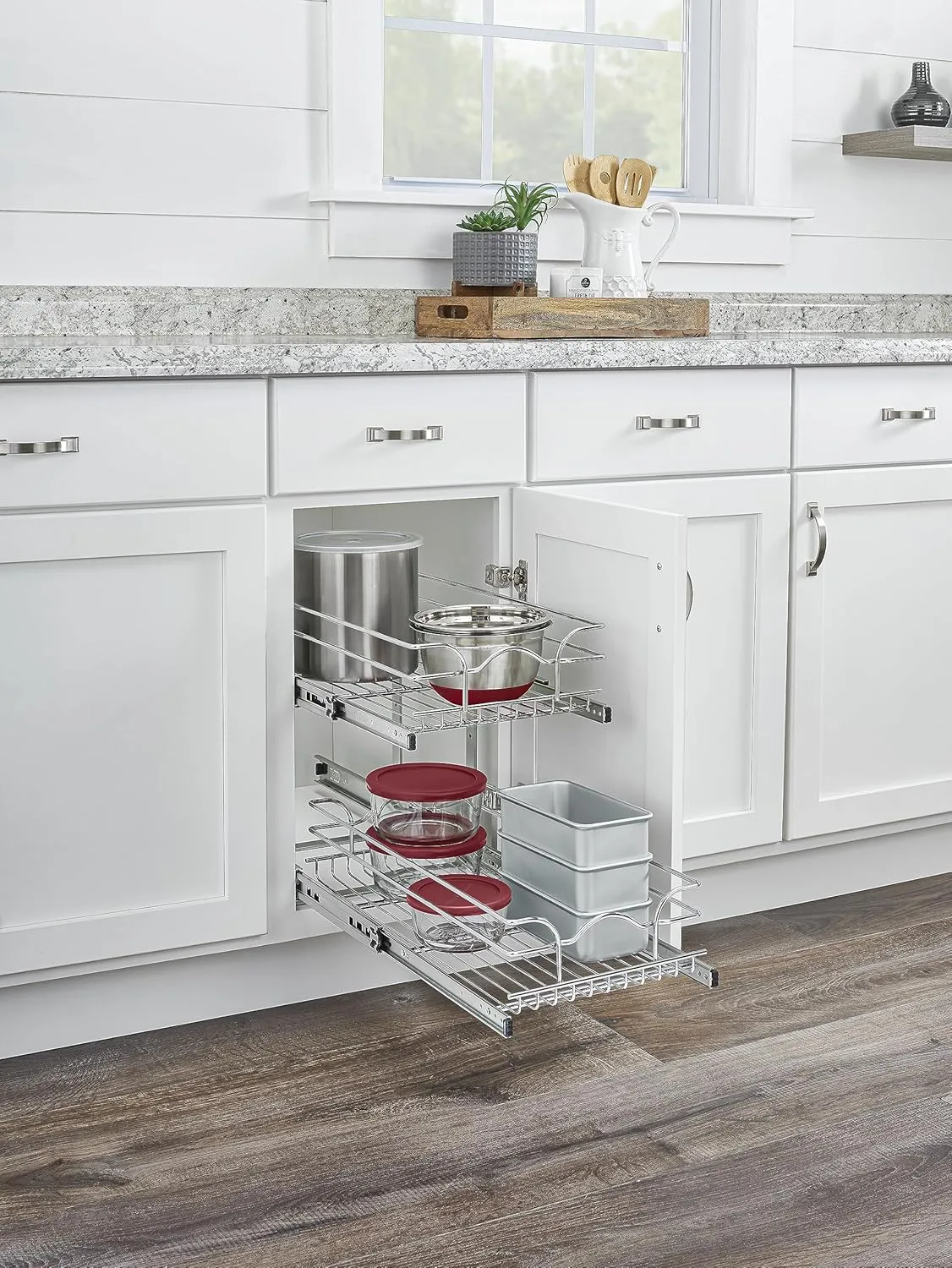 Rev-A-Shelf 2 Tier Pull Out Cabinet Organizer, 5WB2-1218CR-1, 12 x 18 Inch Under Sink pull out organizer, Steel Wire Pots and Pans Organizer for Kitchen Cabinet, Tape Measure Included
