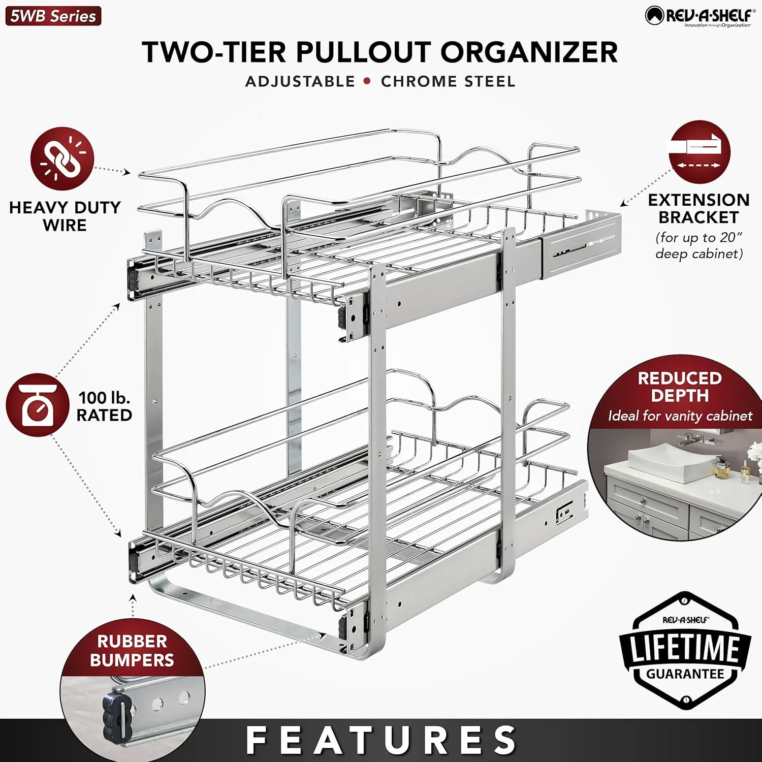Rev-A-Shelf 2 Tier Pull Out Cabinet Organizer, 5WB2-1218CR-1, 12 x 18 Inch Under Sink pull out organizer, Steel Wire Pots and Pans Organizer for Kitchen Cabinet, Tape Measure Included