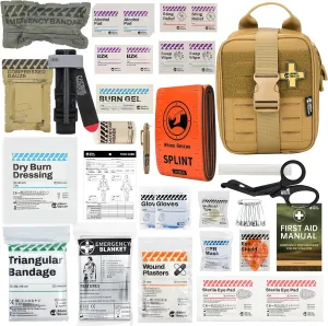 RHINO RESCUE IFAK Trauma Kit with Tourniquet for Wound Care, Tactical First Aid Kit Molle Pouch for Military, Combat, Car, Camping, Hiking, Travel， FSA HSA Eligible (Coyote Brown)