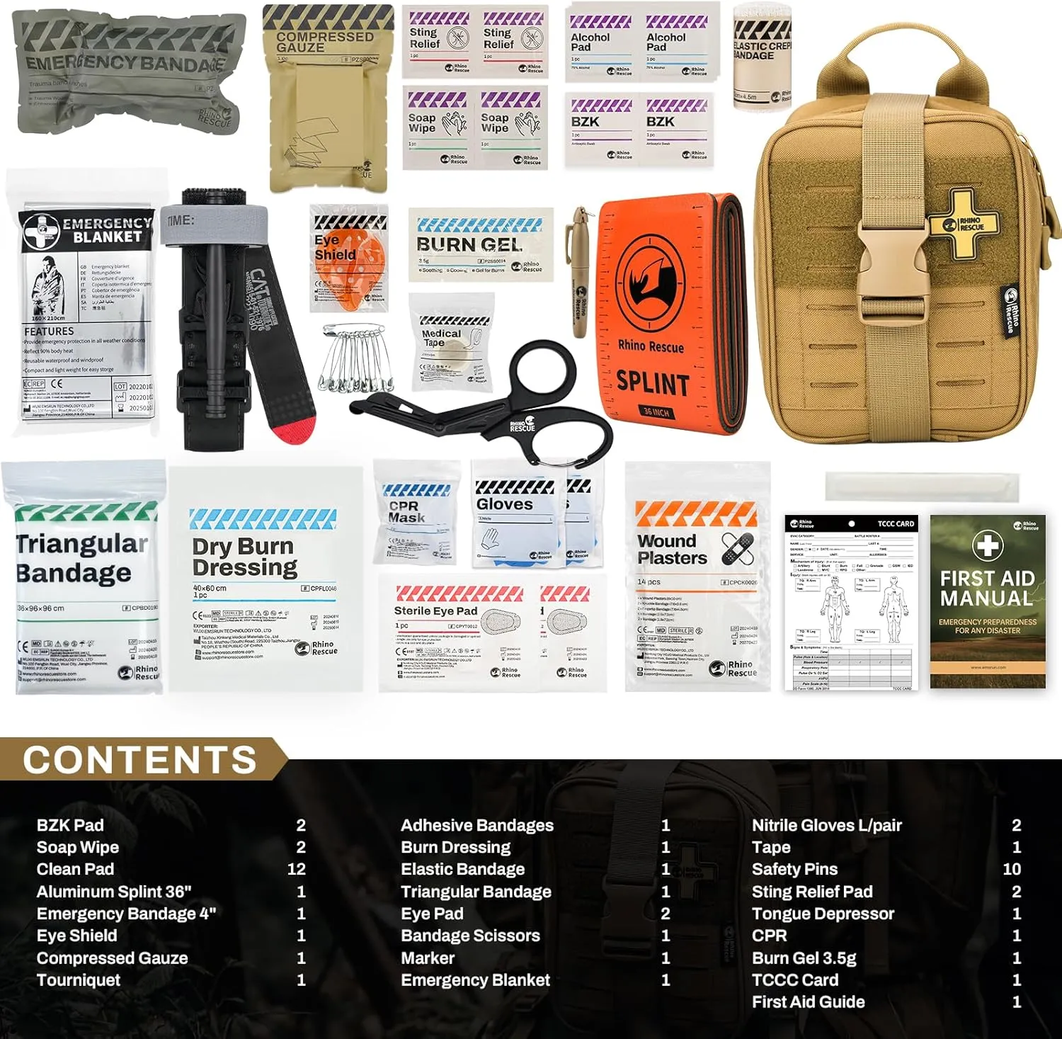 RHINO RESCUE IFAK Trauma Kit with Tourniquet for Wound Care, Tactical First Aid Kit Molle Pouch for Military, Combat, Car, Camping, Hiking, Travel， FSA HSA Eligible (Coyote Brown)