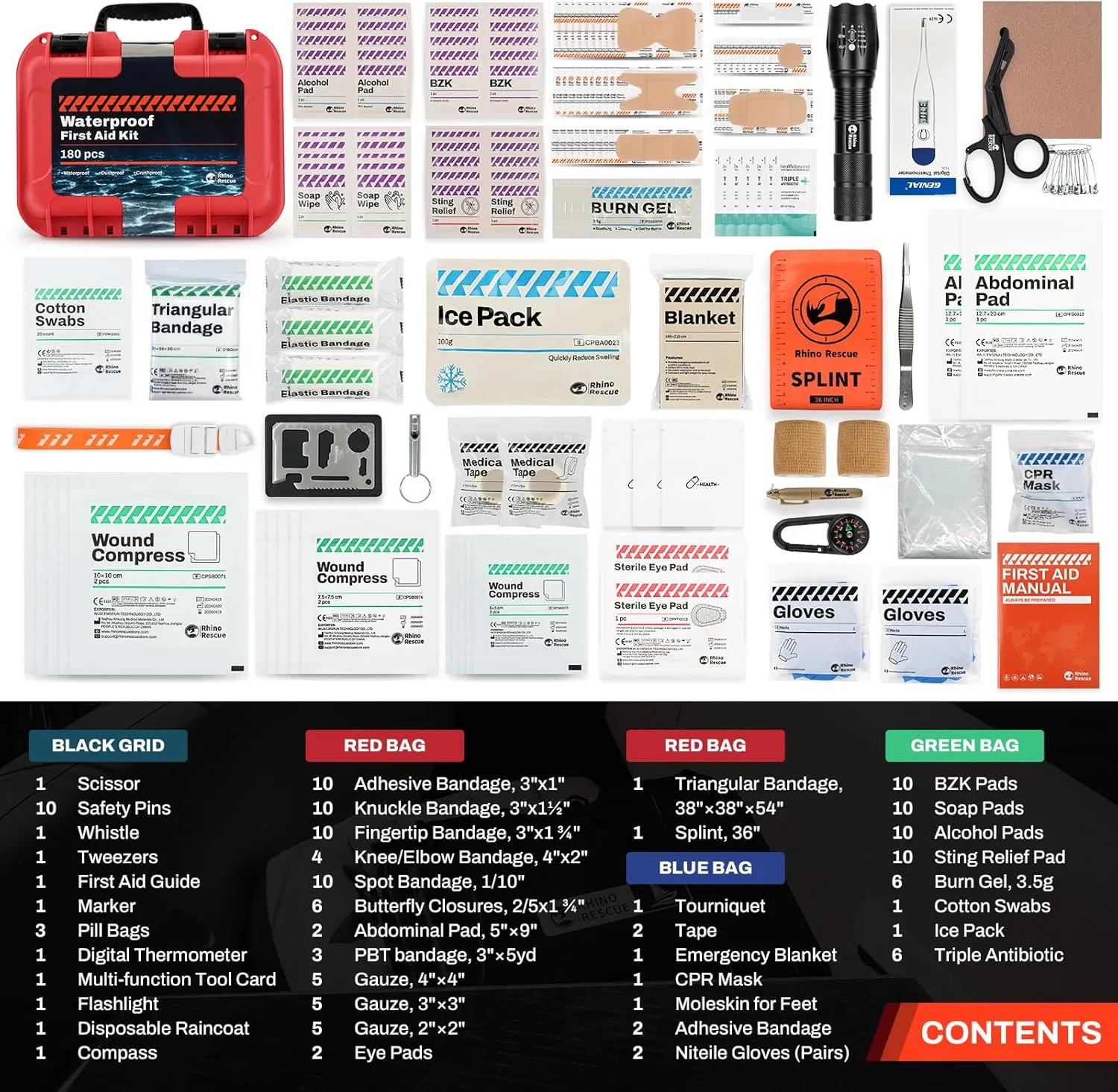 RHINO RESCUE Waterproof Marine First Aid Kit for Boat Durable First Aid Box for Crews with Emergency Medical Supplies for Travel & Fishing (Red)