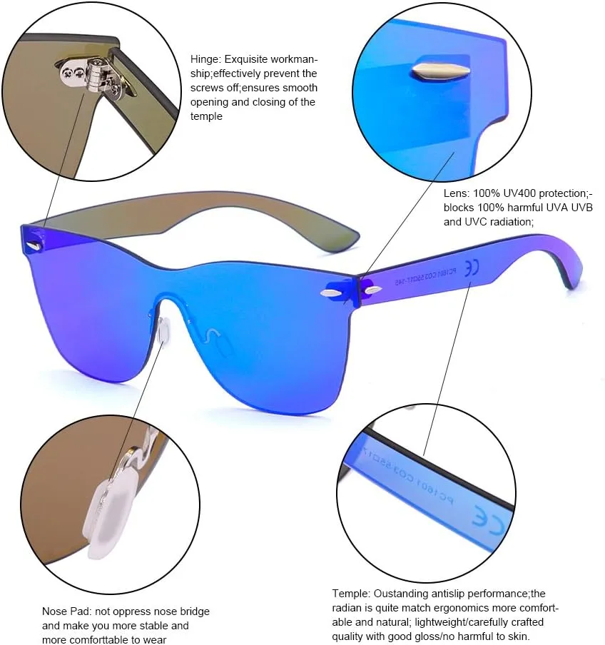 Rimless Sunglasses For Women Men One Piece Square Oversize Mirror Lens Anti Reflective