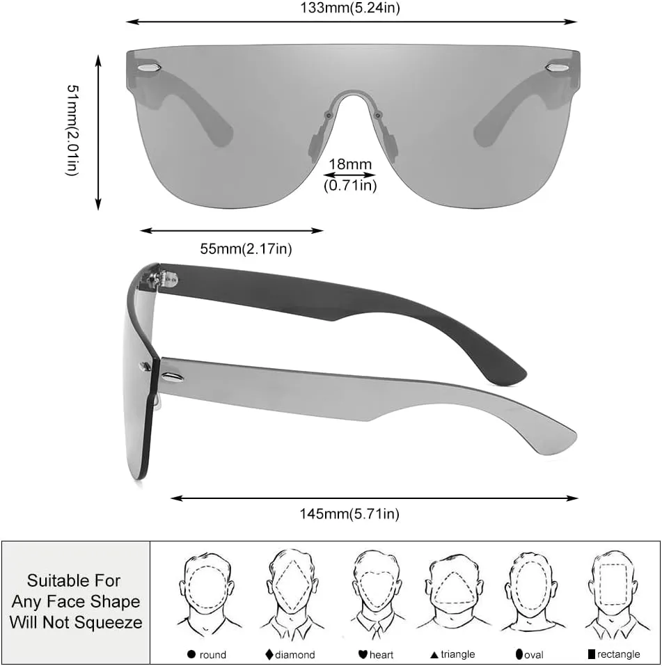 Rimless Sunglasses For Women Men One Piece Square Oversize Mirror Lens Anti Reflective