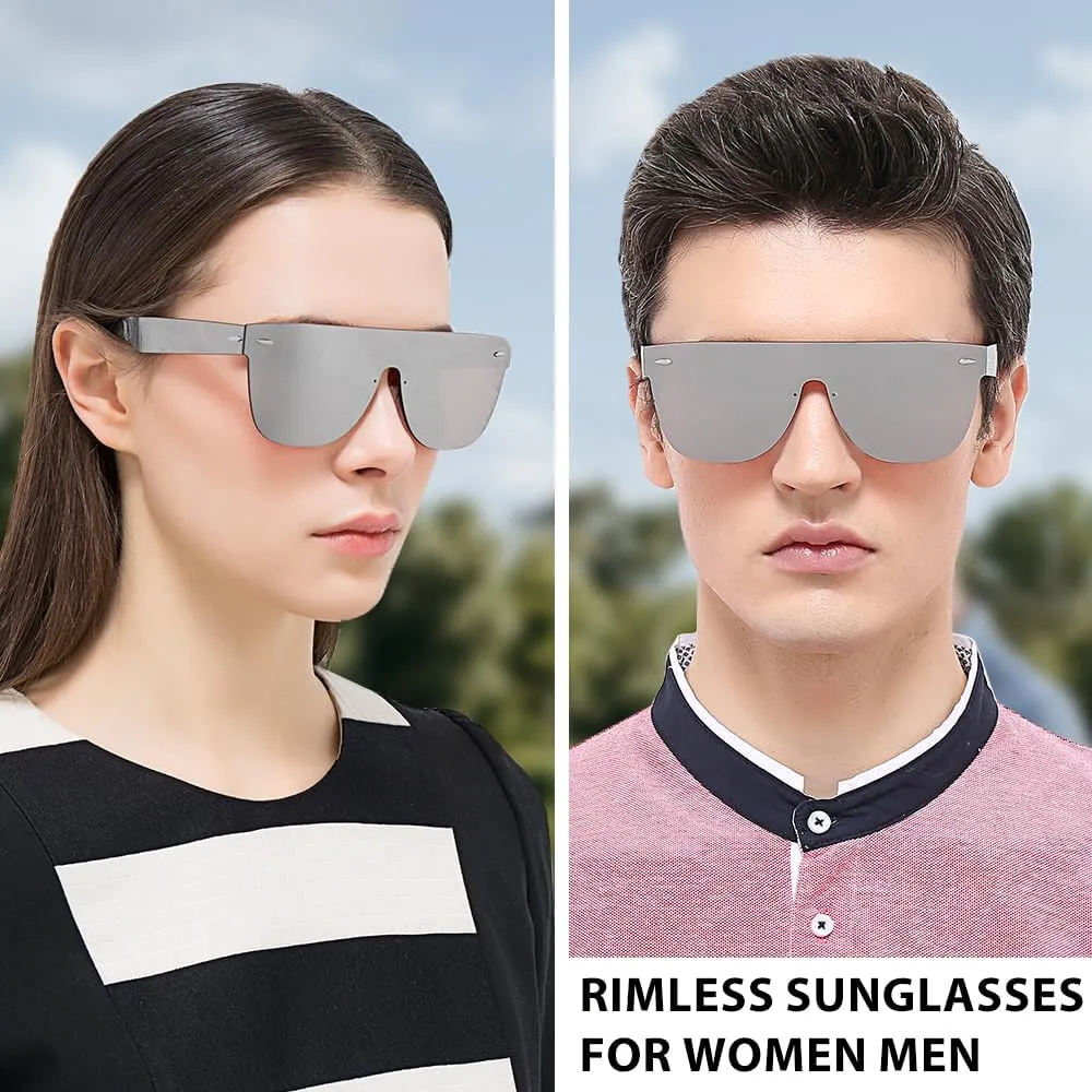 Rimless Sunglasses For Women Men One Piece Square Oversize Mirror Lens Anti Reflective