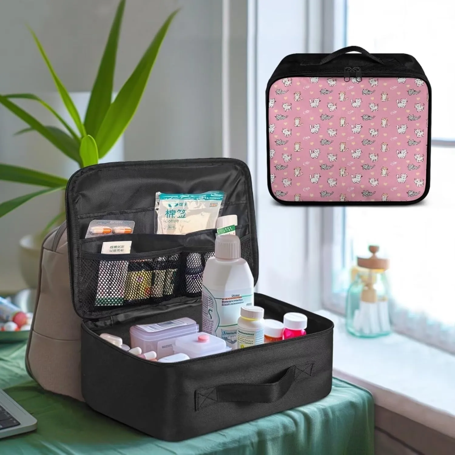 Rnyleeg Cute First Aid Bag Empty,Travel Medical Supplies Bag for Camping Hiking, Medium First Aid Kit Bag, Pink Cat Heart Print