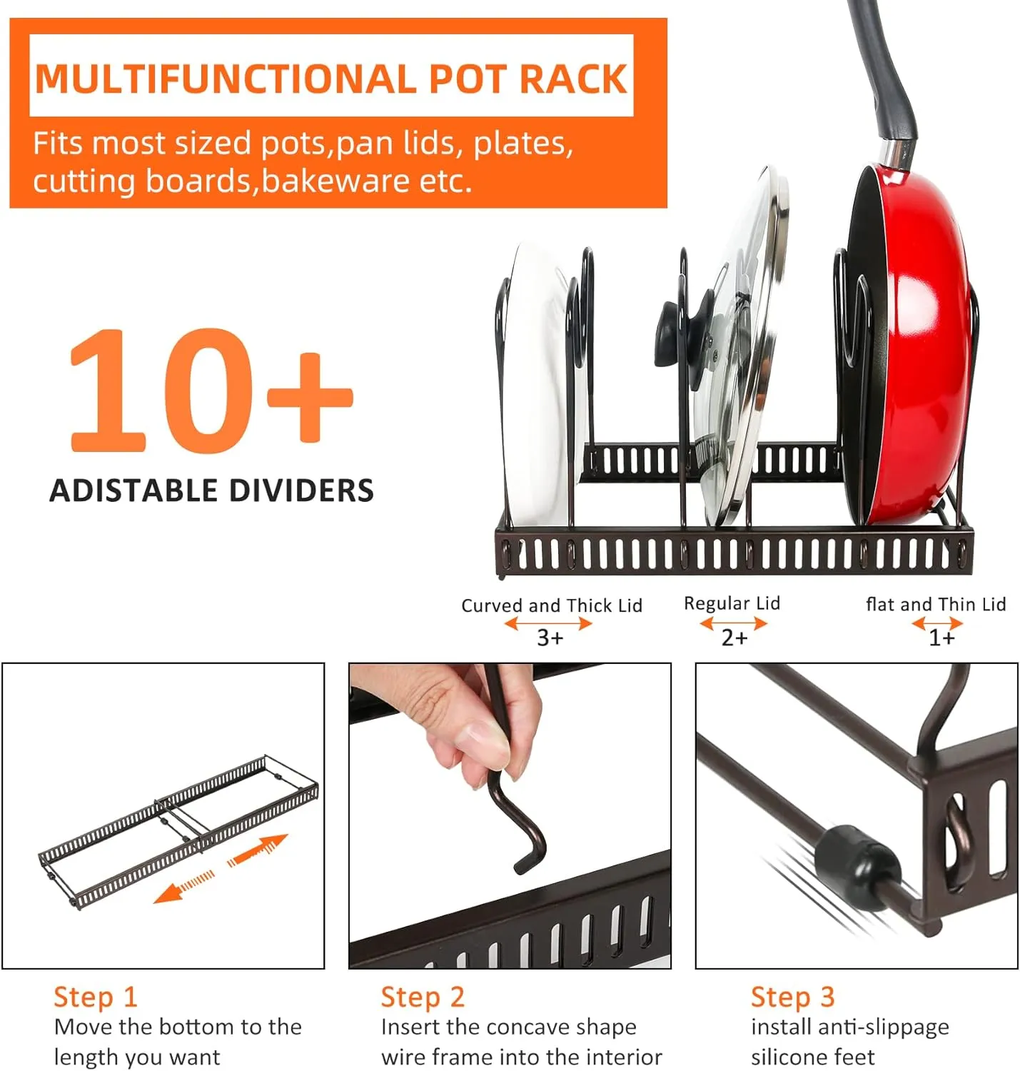 ROOHUA Pot Rack -Expandable Pan Organizer for Cabinet,Pot Lid Holder with 10 Adjustable Compartment for Kitchen Cabinet Cookware Baking Frying Rack,Bronze