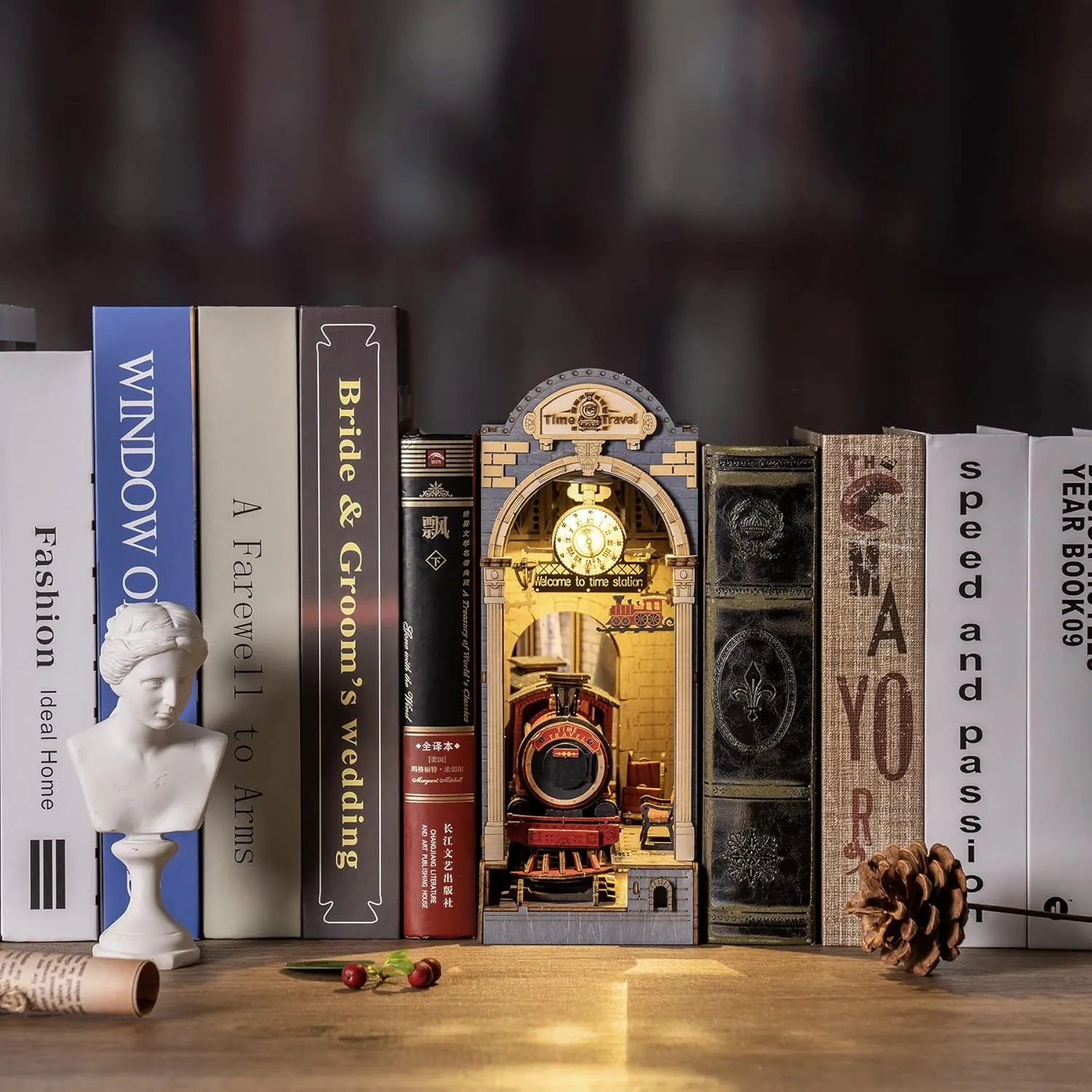 Rowood DIY Book Nook Kit, Bookshelf Insert Decor 3D Wooden Puzzle Model Kit, Bookend Building Set with LED Light - Time Travel