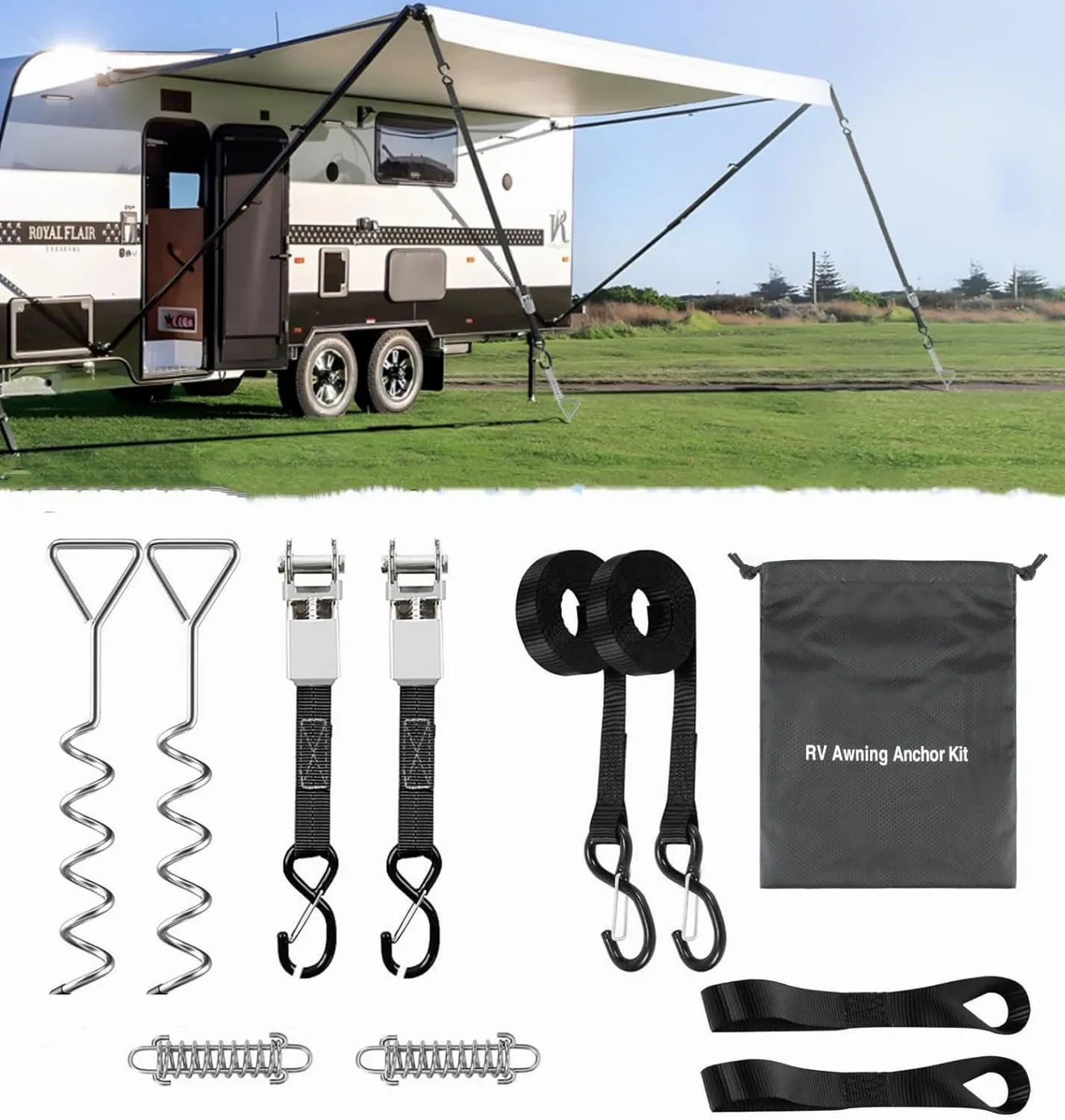 RV Awning Tie Down Kit for Wind-Proof - WanDwel Heavy Duty Camper Anchors Canopy Support Part with Shock Absorbing Spring & 13ft Ratchet Straps for Outdoor Travel Trailer Accessories Set