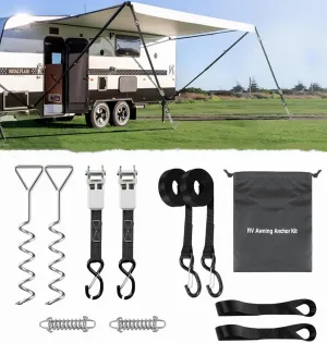 RV Awning Tie Down Kit for Wind-Proof - WanDwel Heavy Duty Camper Anchors Canopy Support Part with Shock Absorbing Spring & 13ft Ratchet Straps for Outdoor Travel Trailer Accessories Set