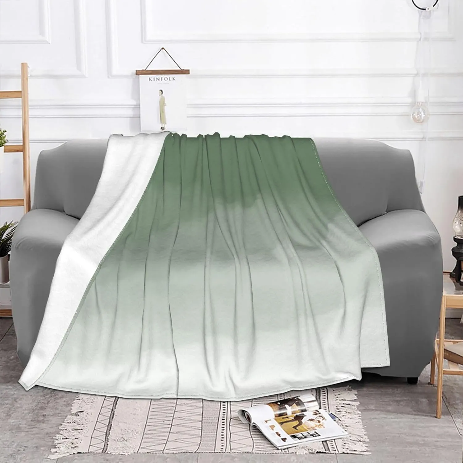Sage Green Watercolor Ombre 60"X50" Flannel Blanket - 100% Soft Polyester, Lightweight and Warm, Suitable for Families, Camping, Travel