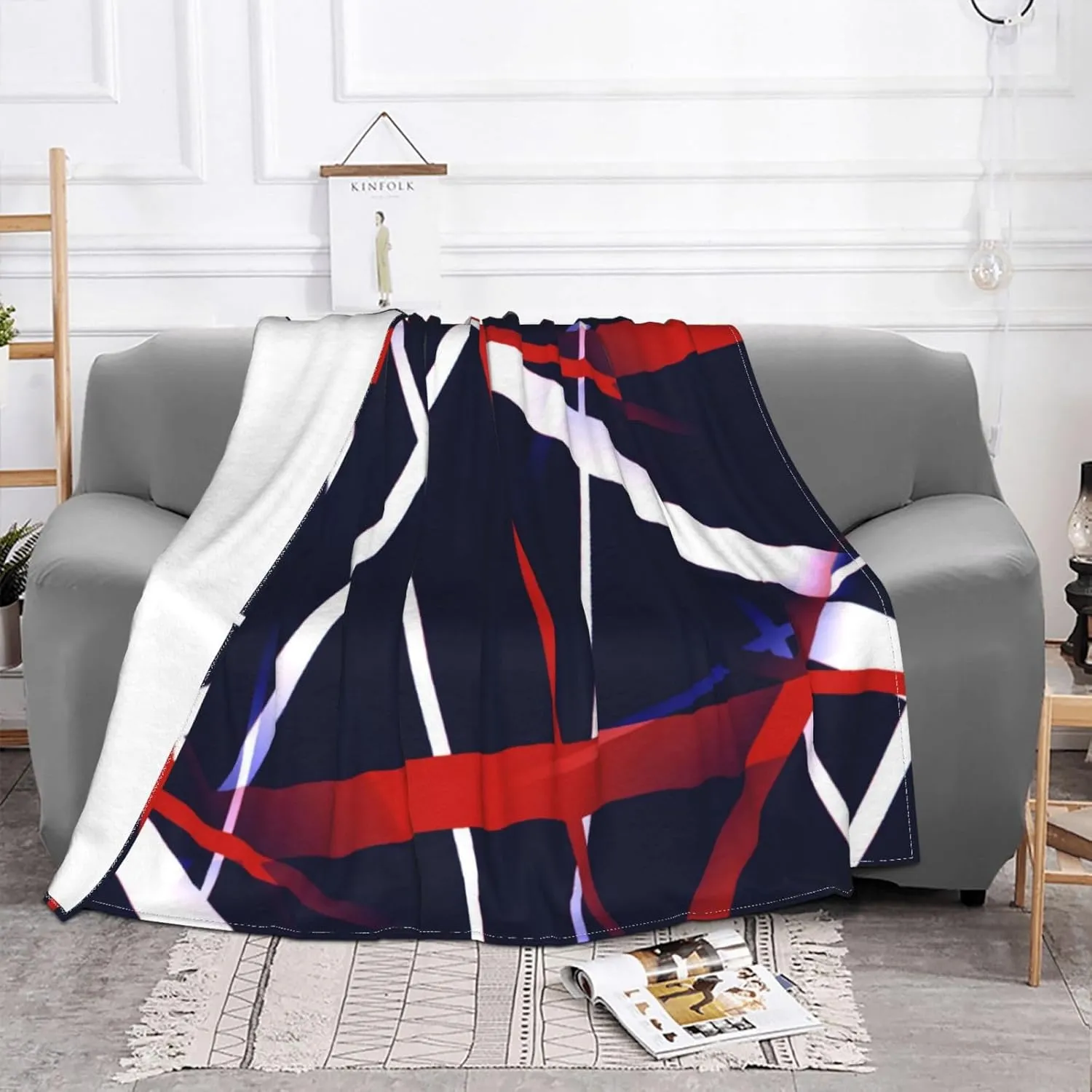Seamless Abstract Red and White Stripes On A Blue 60"X50" Flannel Blanket - 100% Soft Polyester, Lightweight and Warm, Suitable for Families, Camping, Travel