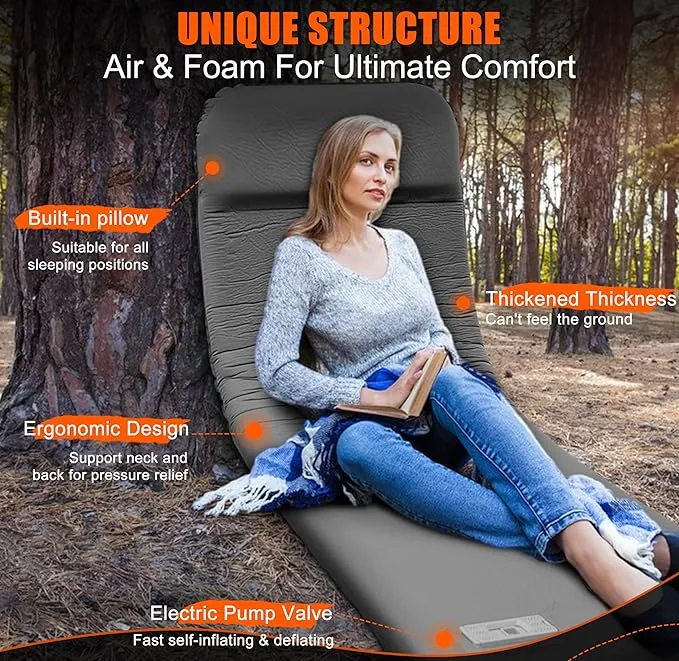 Self Inflating Sleeping Pad with Electric Pump, 3.15" Ultra-Thick Memory Foam Camping Sleeping Mat with Pillow, 9.5 R-Value Insulated Camping Pad Mattress for Travel Car Tent