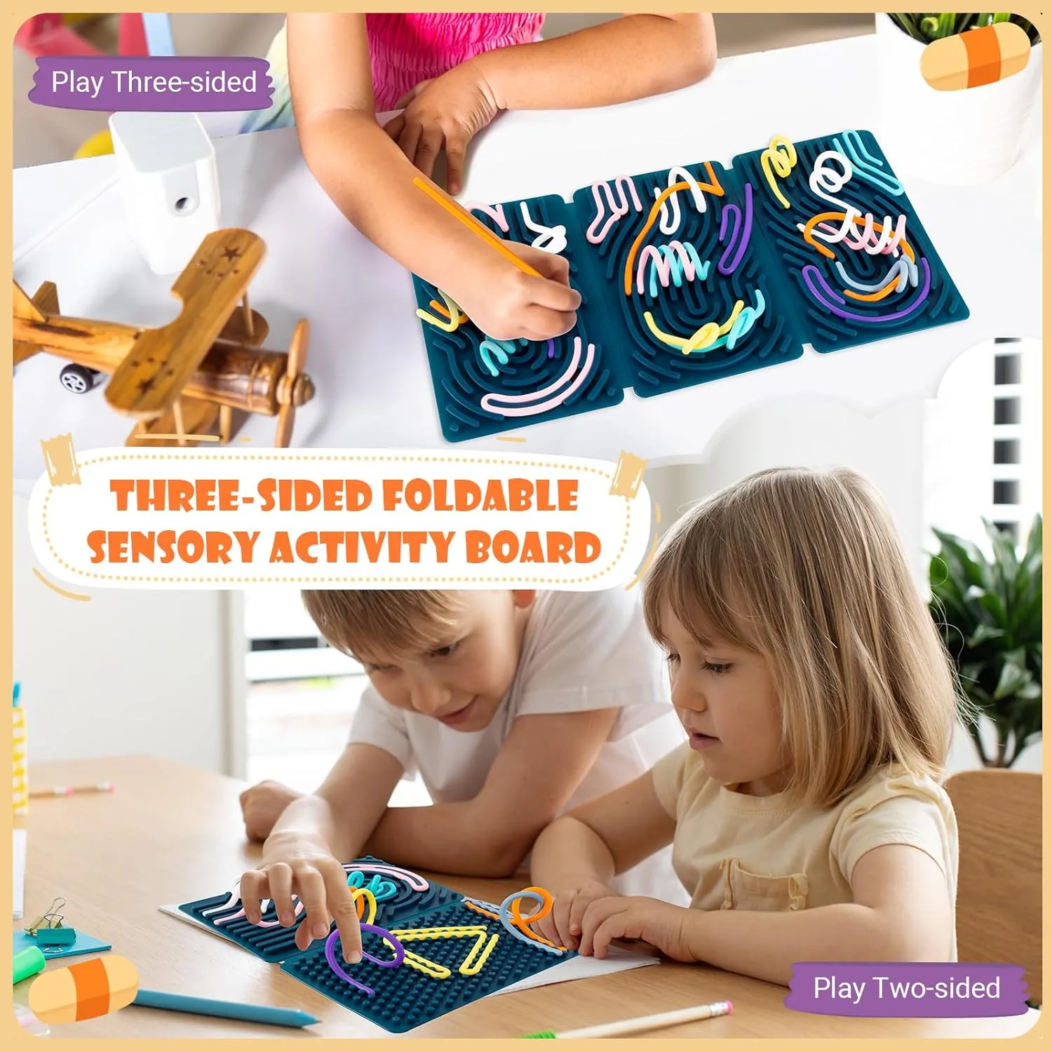 Sensory Activity Board, Six-Sided Silicone Sensory Fidget Toy with 40 Strings for Autism, Stress Relief, Calming, Focus & ADHD, Great for Kids 3  & Adults with User Guide & Portable Travel Bag