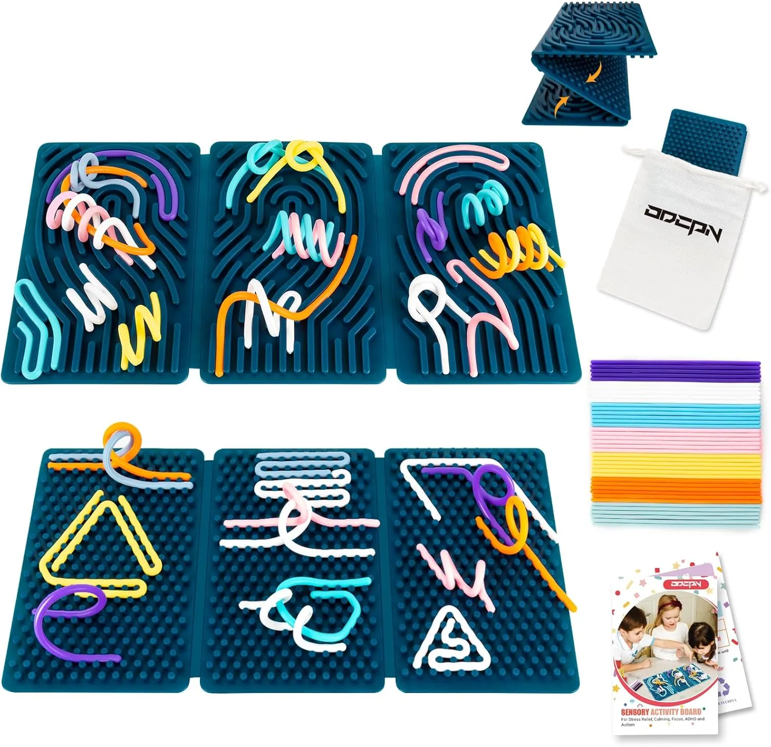 Sensory Activity Board, Six-Sided Silicone Sensory Fidget Toy with 40 Strings for Autism, Stress Relief, Calming, Focus & ADHD, Great for Kids 3  & Adults with User Guide & Portable Travel Bag