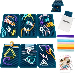 Sensory Activity Board, Six-Sided Silicone Sensory Fidget Toy with 40 Strings for Autism, Stress Relief, Calming, Focus & ADHD, Great for Kids 3  & Adults with User Guide & Portable Travel Bag