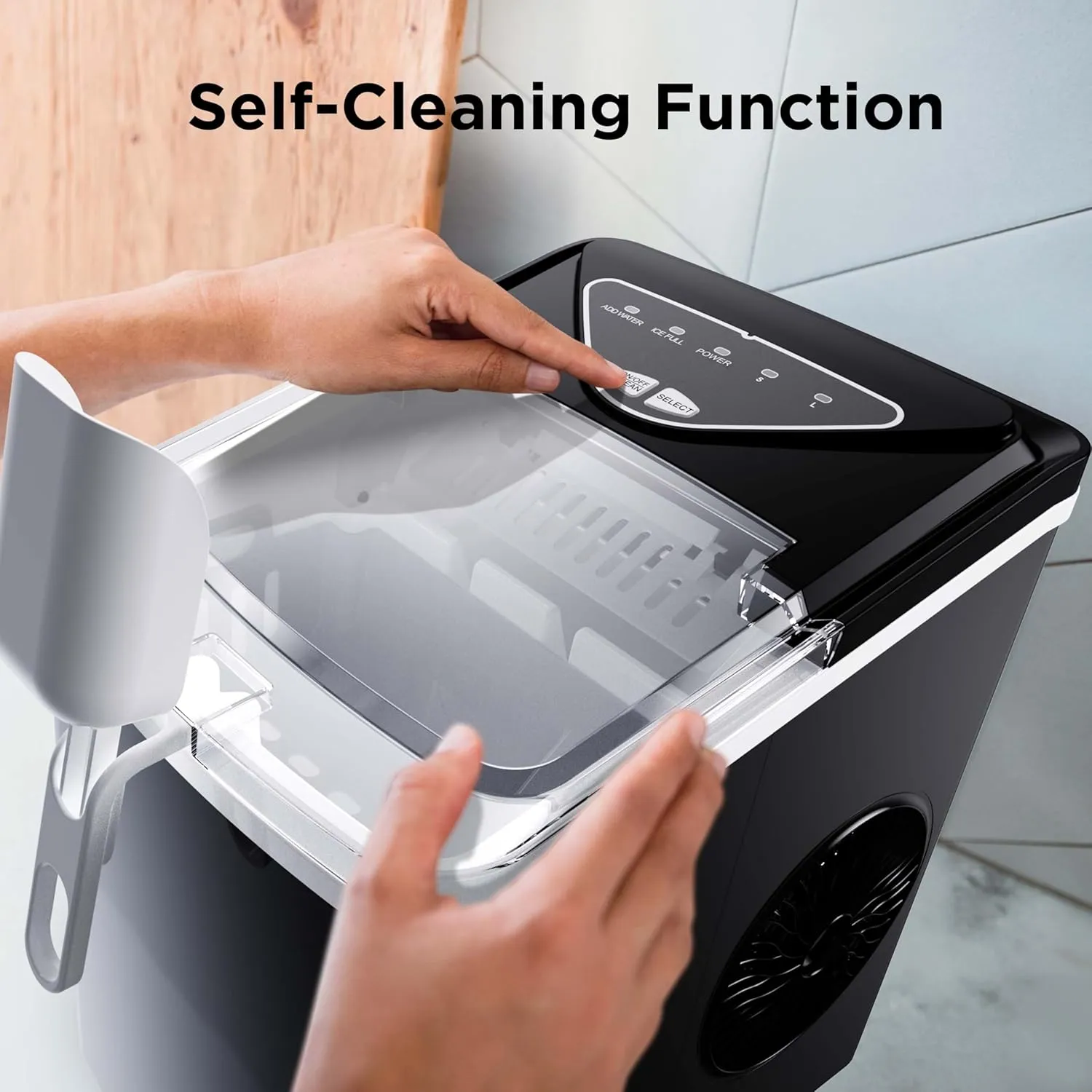 Silonn Countertop Ice Maker, 9 Ice Cubes in 6 Mins, 26 Lbs in 24 Hrs, Compact Ice Machine with Ice Basket & Scoop, 2 Ice Sizes, Self-Cleaning Ice Maker for Home/Party/Office/Bar/Dorm, Black