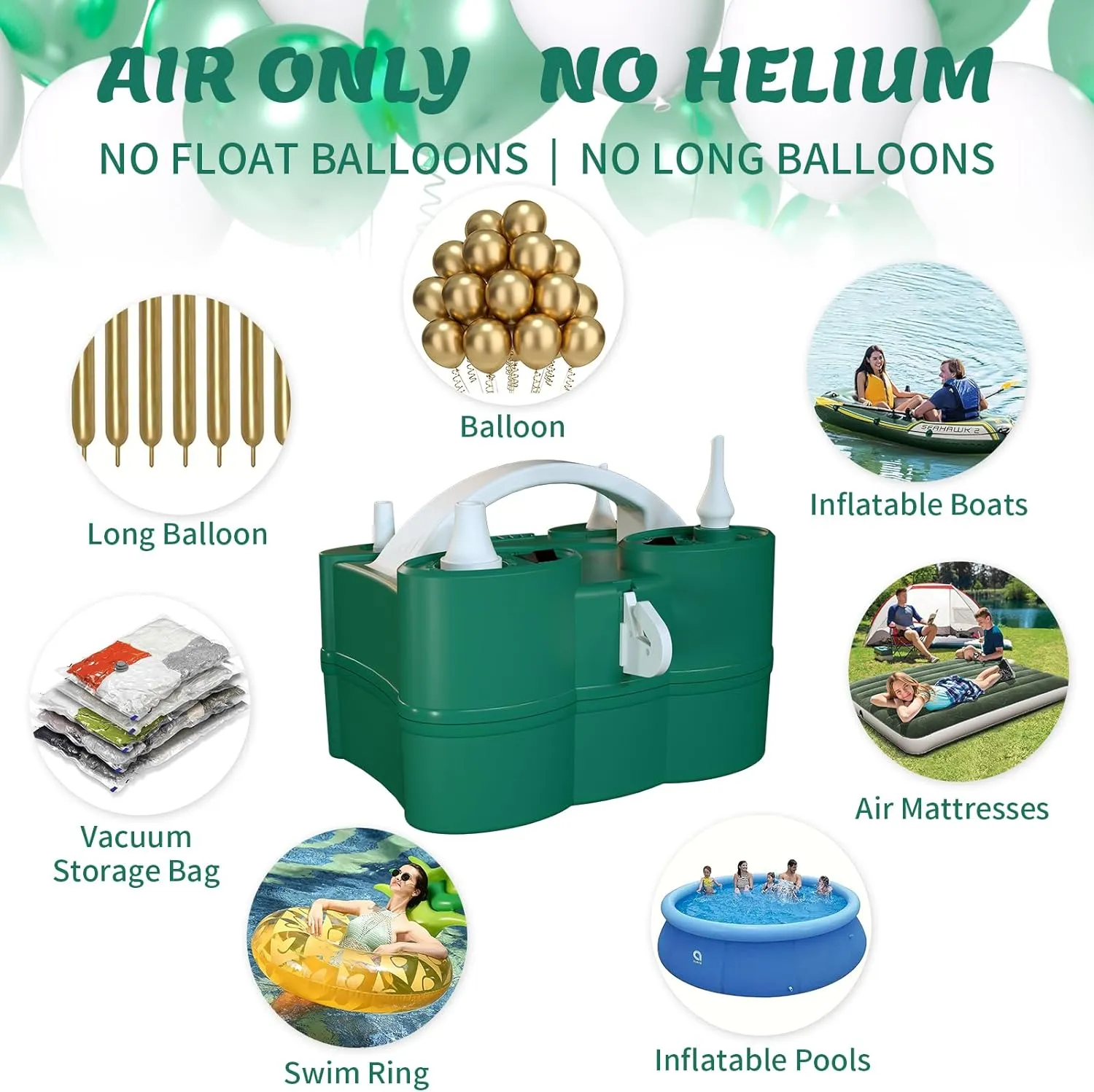 SINBEE Balloon Pump, Balloon Pump Electric, Portable Dual Nozzle Electric Blower Air Pump Inflator for Party Decoration. Faster and Save Time