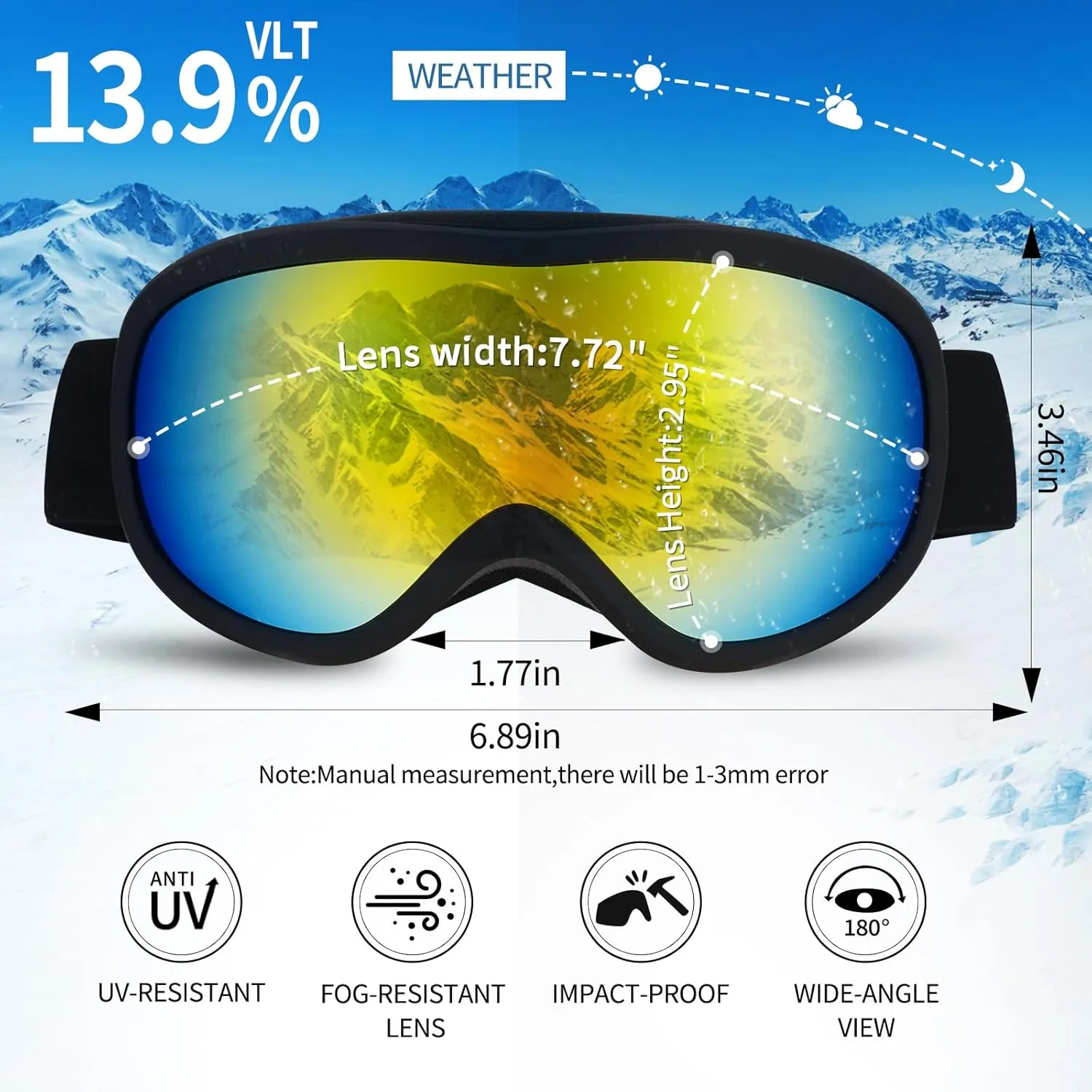 Ski Goggles OTG for Adult Women Men,Over wide Anti-Fog 100% UV Proof antiglare Snow/snowboard snowsports goggles