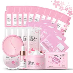 Skincare Set for Teenage Girls, Japan-Sakura Skin Care Products Set, Skin Care Sets & Kits, Cleanser, Toner, Serum, Cream, Sleep Mask,Eye Mask,Mud Mask,Lip Mask Beauty Products Daily Face Care 24PCS