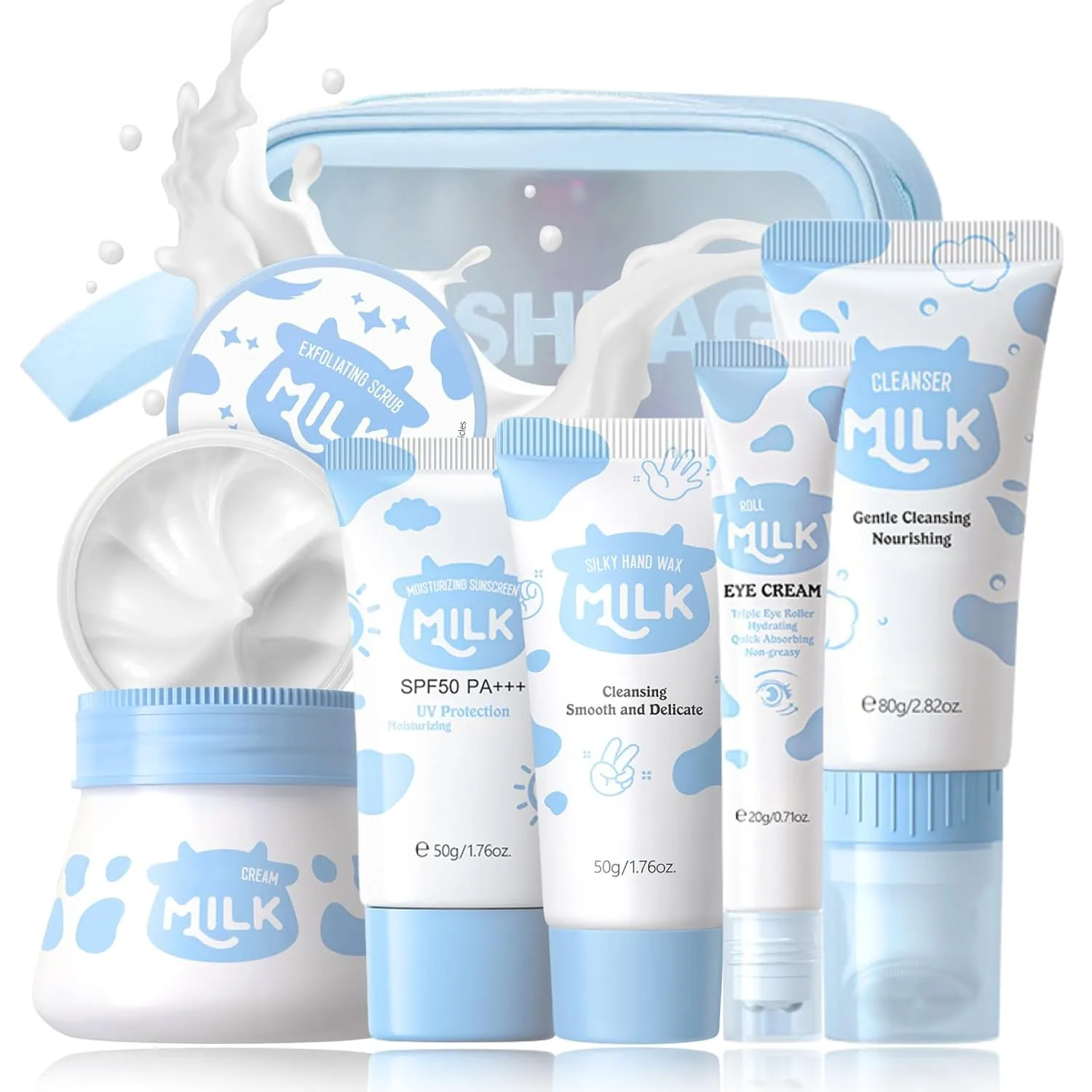 Skincare Set Milk Teen Girls Gifts - 7PCS Skin Care for Teens 10-12 - Skin Care Set Nourishing & Anti Aging - Skincare for Girls 10-12 - with Skin Care Bag,Face&Eye Cream,Hand Wax,Exfoliating Scrub