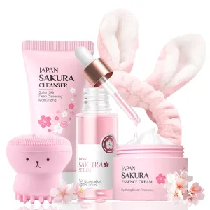 Skincare Set Sakura Teen Girls Gifts - Skin Care Set - Skincare for Teens 10-12 Hydrating - Travel Size Facial Kit for Women with Cleanser,Serum,Cream,Bunny Headband,Cleansing Brush（5pcs）