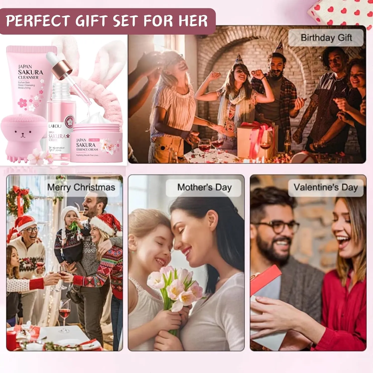 Skincare Set Sakura Teen Girls Gifts - Skin Care Set - Skincare for Teens 10-12 Hydrating - Travel Size Facial Kit for Women with Cleanser,Serum,Cream,Bunny Headband,Cleansing Brush（5pcs）
