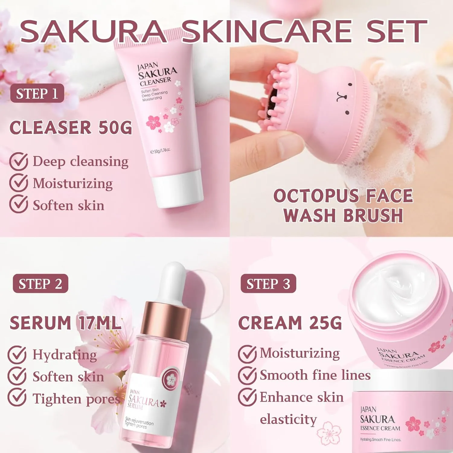 Skincare Set Sakura Teen Girls Gifts - Skin Care Set - Skincare for Teens 10-12 Hydrating - Travel Size Facial Kit for Women with Cleanser,Serum,Cream,Bunny Headband,Cleansing Brush（5pcs）