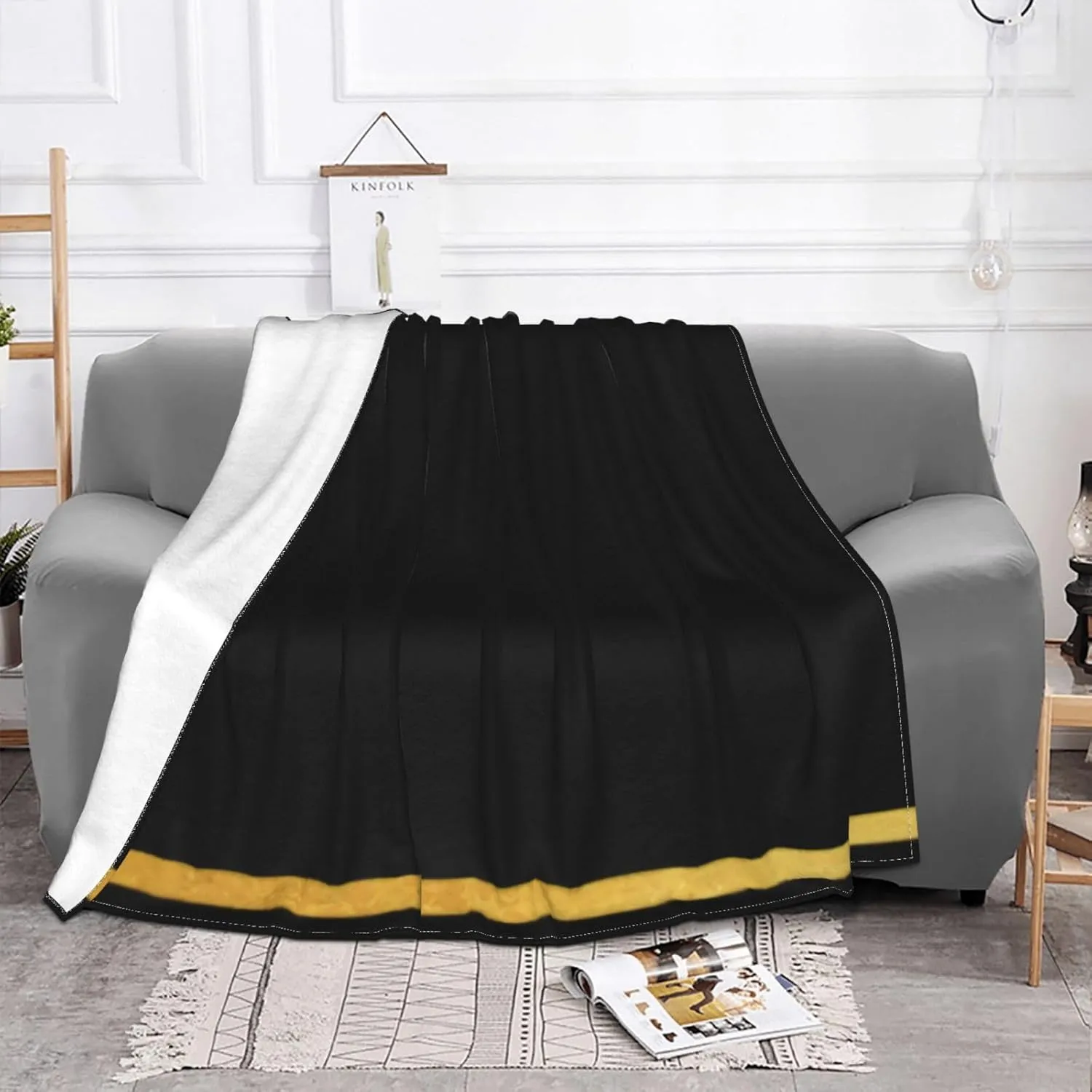 Sleek Black with Gold Stripe 80"X60" Flannel Blanket - 100% Soft Polyester, Lightweight and Warm, Suitable for Families, Camping, Travel