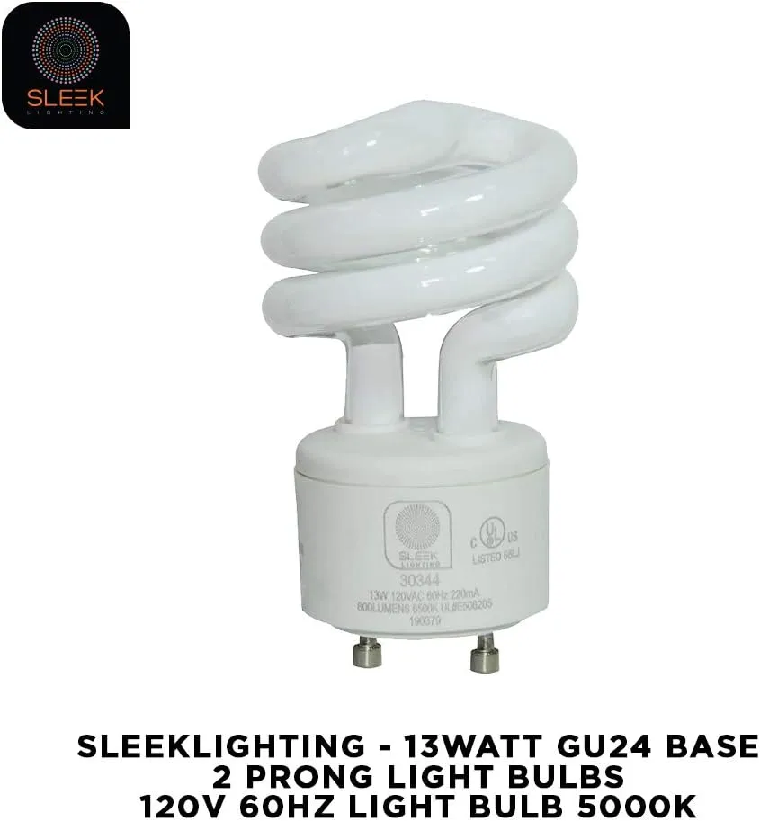 SLEEKLIGHTING - 13Watt GU24 Base 2 Prong Light Bulbs- UL approved-120v 60Hz Light Bulb- Mini Twist Lock Spiral -Self Ballasted CFL Two Pin Fluorescent Bulbs- 5000K Daylight 4pack