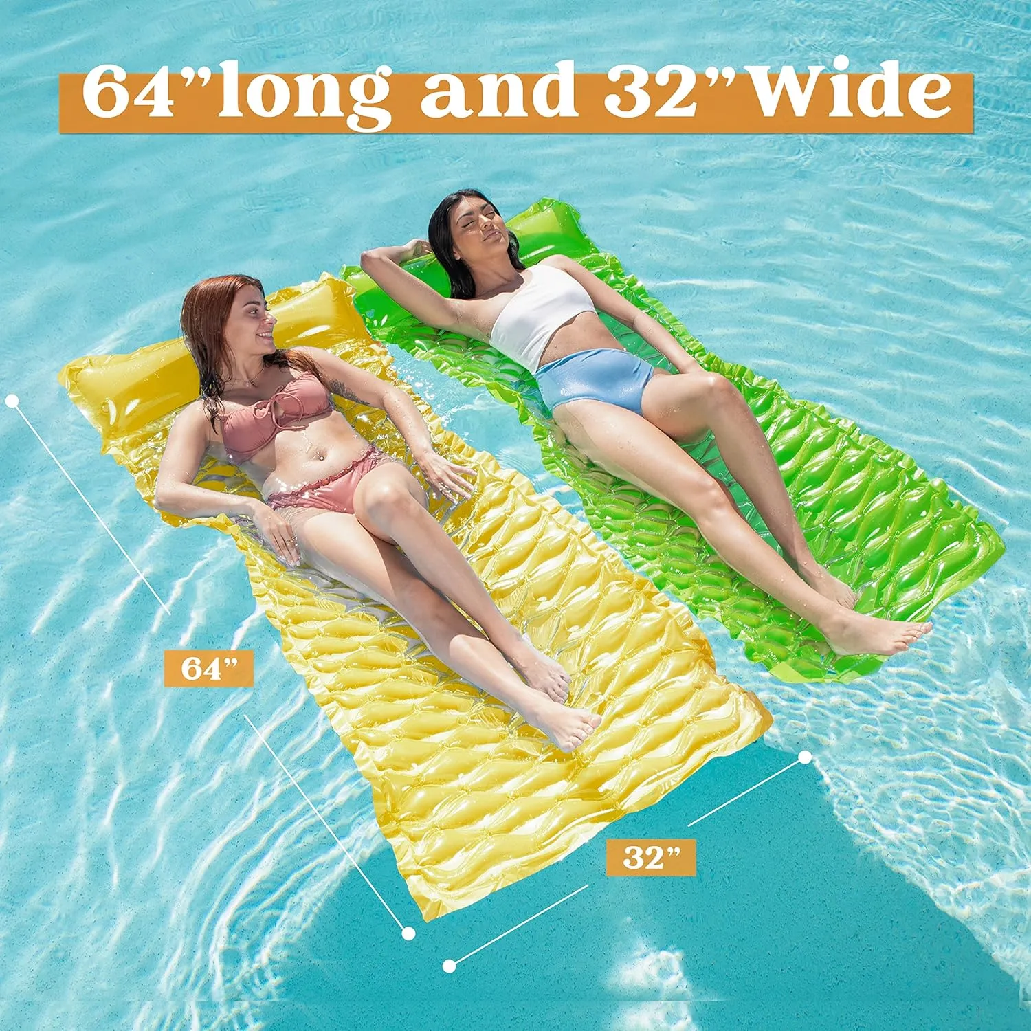 SLOOSH Inflatable Pool Floats Raft,Floating Lounge for Adults,64x32 inch Swimming Mat Pool Mattress with Headrest,2 Pieces Float Air Mat for Summer Water Beach Fun