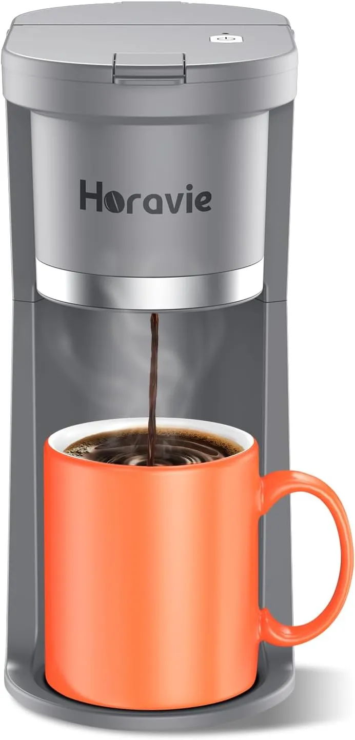 Small Single Serve Coffee Maker, Fast Brew One Cup Coffee Machine for K Cup and Grounds, 6 to 12 oz. Brew Sizes, Capsule Coffee Machine with Descaling Reminder and Viewing Tank, Grey